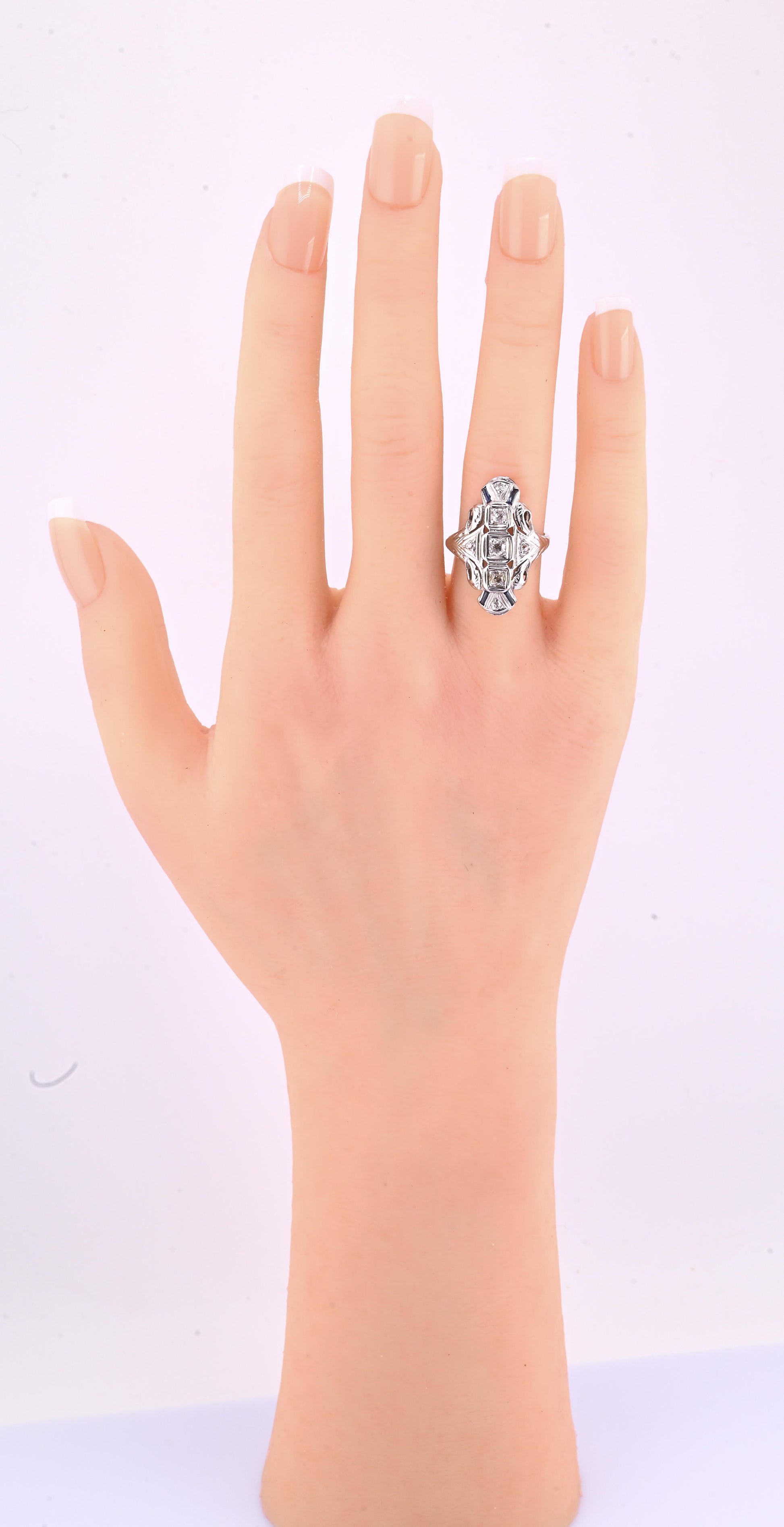 IGI Certified 18K White Gold Art Deco Diamond & Sapphire Ring Size 5.5