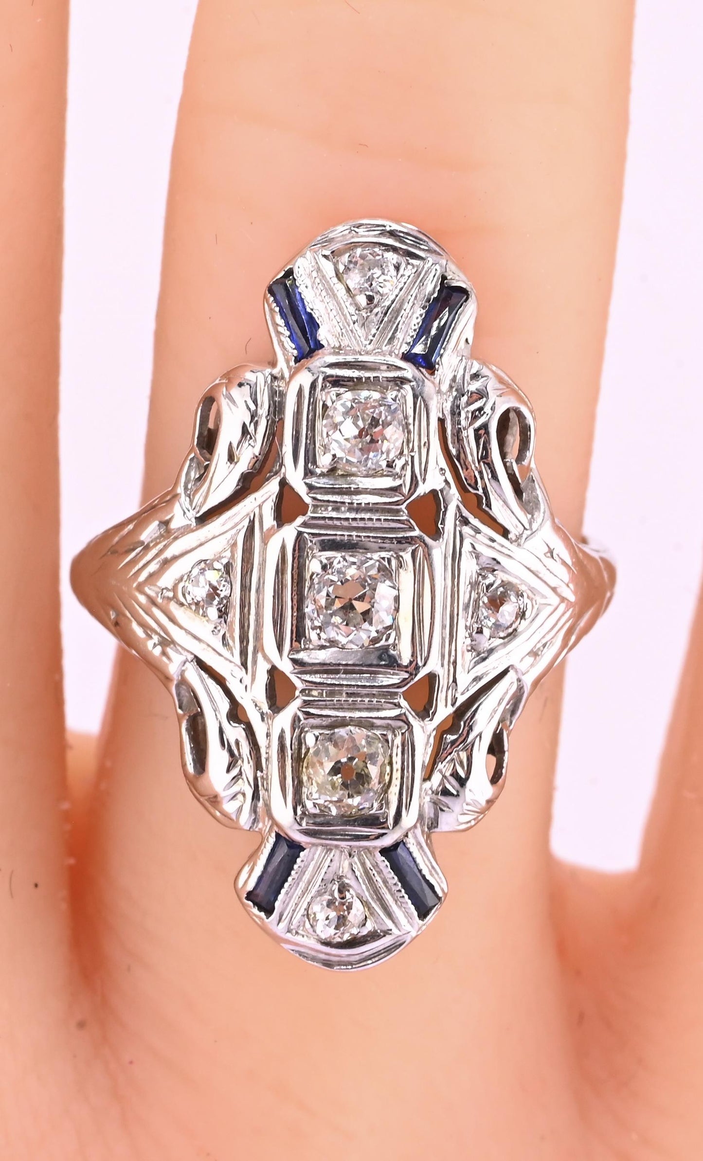 IGI Certified 18K White Gold Art Deco Diamond & Sapphire Ring Size 5.5