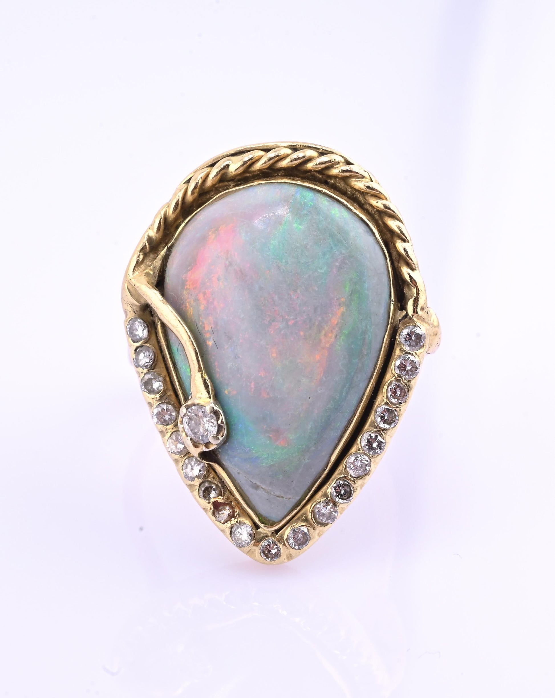 GIA Certified Natural Opal & Diamond 14k Ring – 23x15mm Light Gray Cabochon