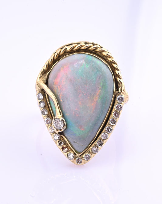 GIA Certified Natural Opal & Diamond 14k Ring – 23x15mm Light Gray Cabochon