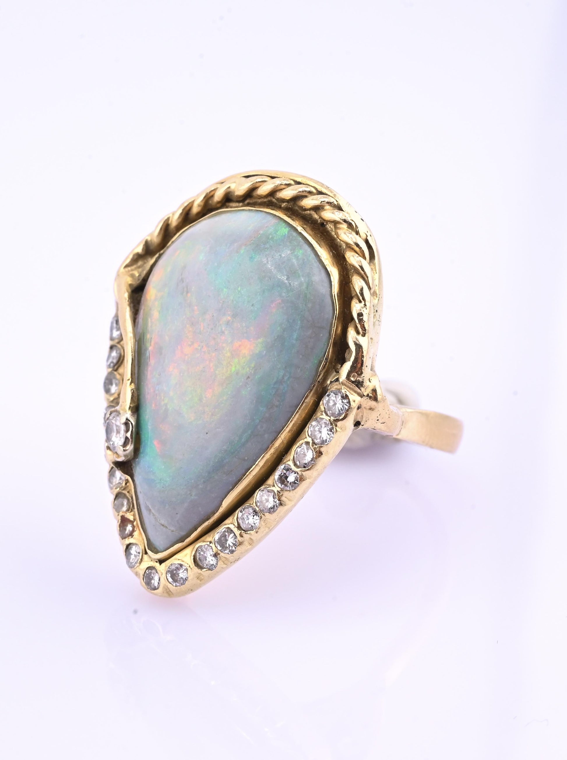 GIA Certified Natural Opal & Diamond 14k Ring – 23x15mm Light Gray Cabochon