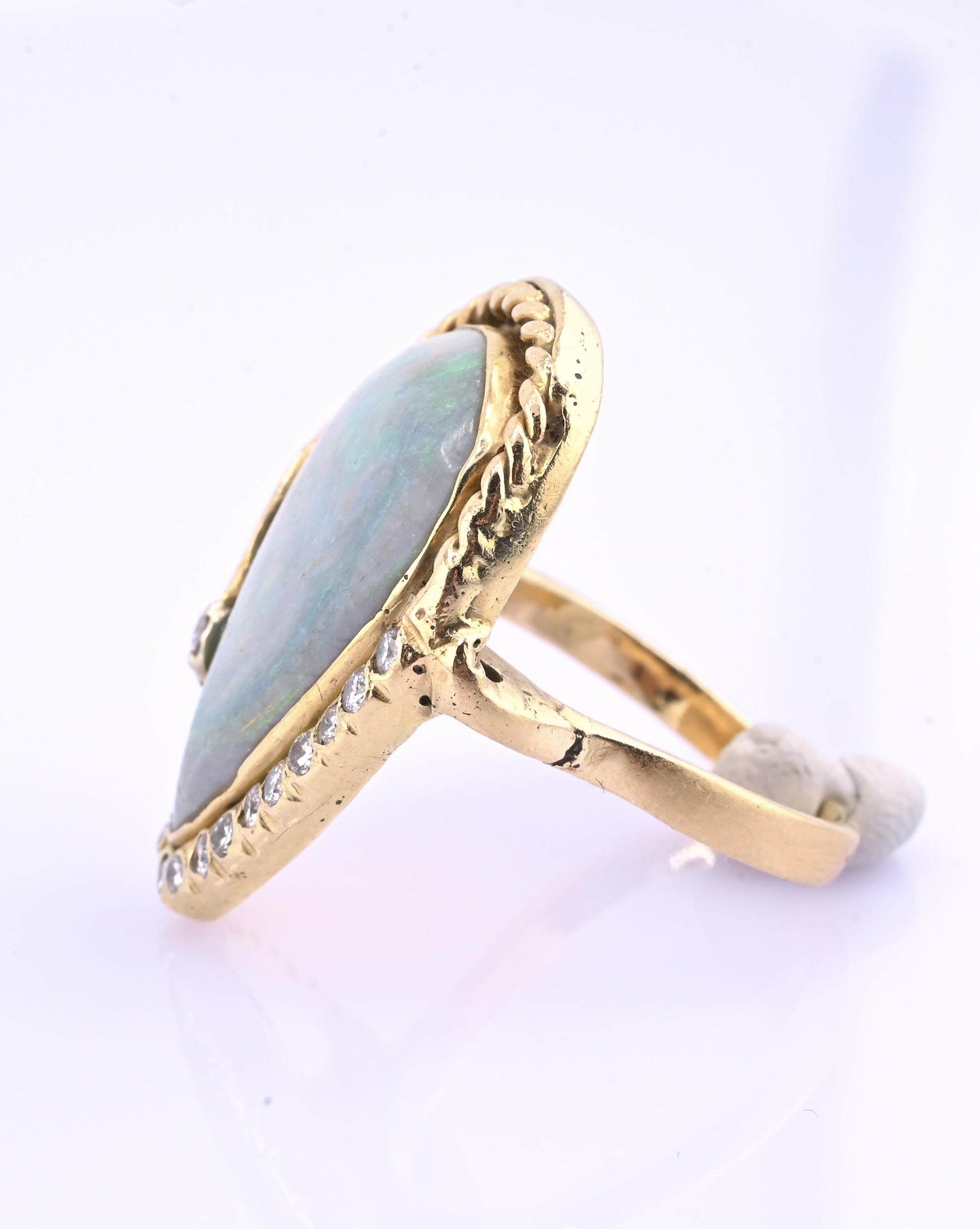 GIA Certified Natural Opal & Diamond 14k Ring – 23x15mm Light Gray Cabochon