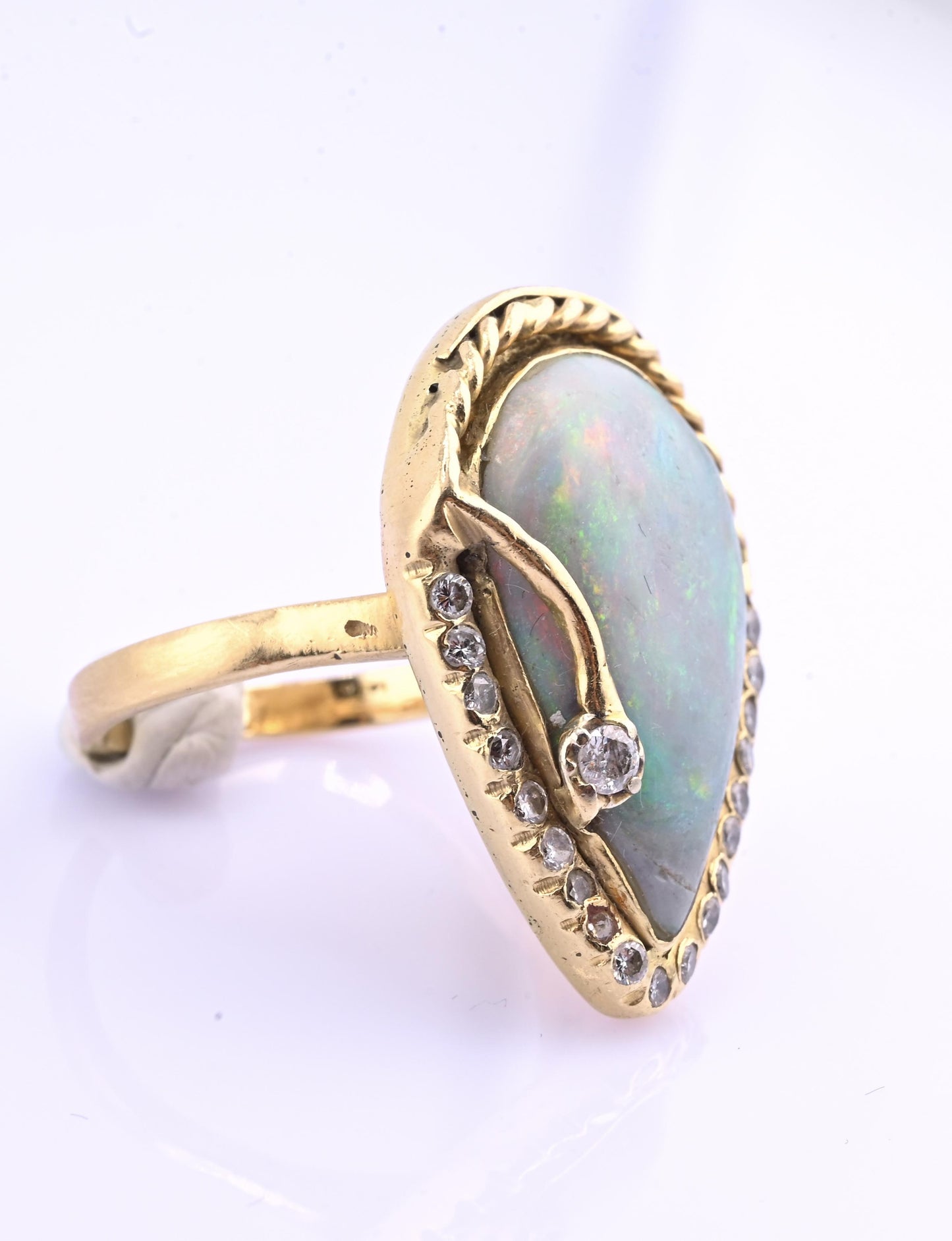 GIA Certified Natural Opal & Diamond 14k Ring – 23x15mm Light Gray Cabochon