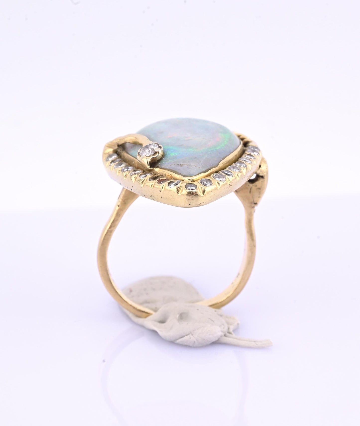 GIA Certified Natural Opal & Diamond 14k Ring – 23x15mm Light Gray Cabochon