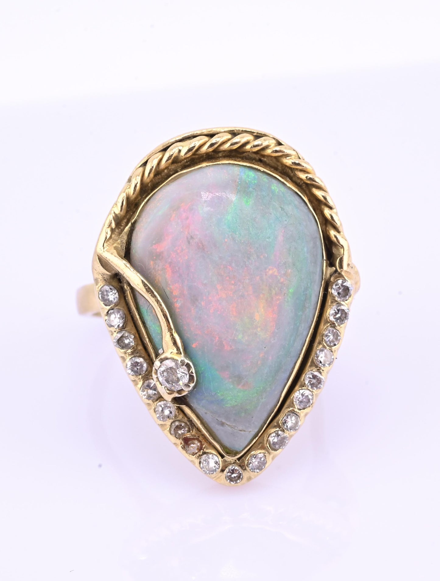 GIA Certified Natural Opal & Diamond 14k Ring – 23x15mm Light Gray Cabochon