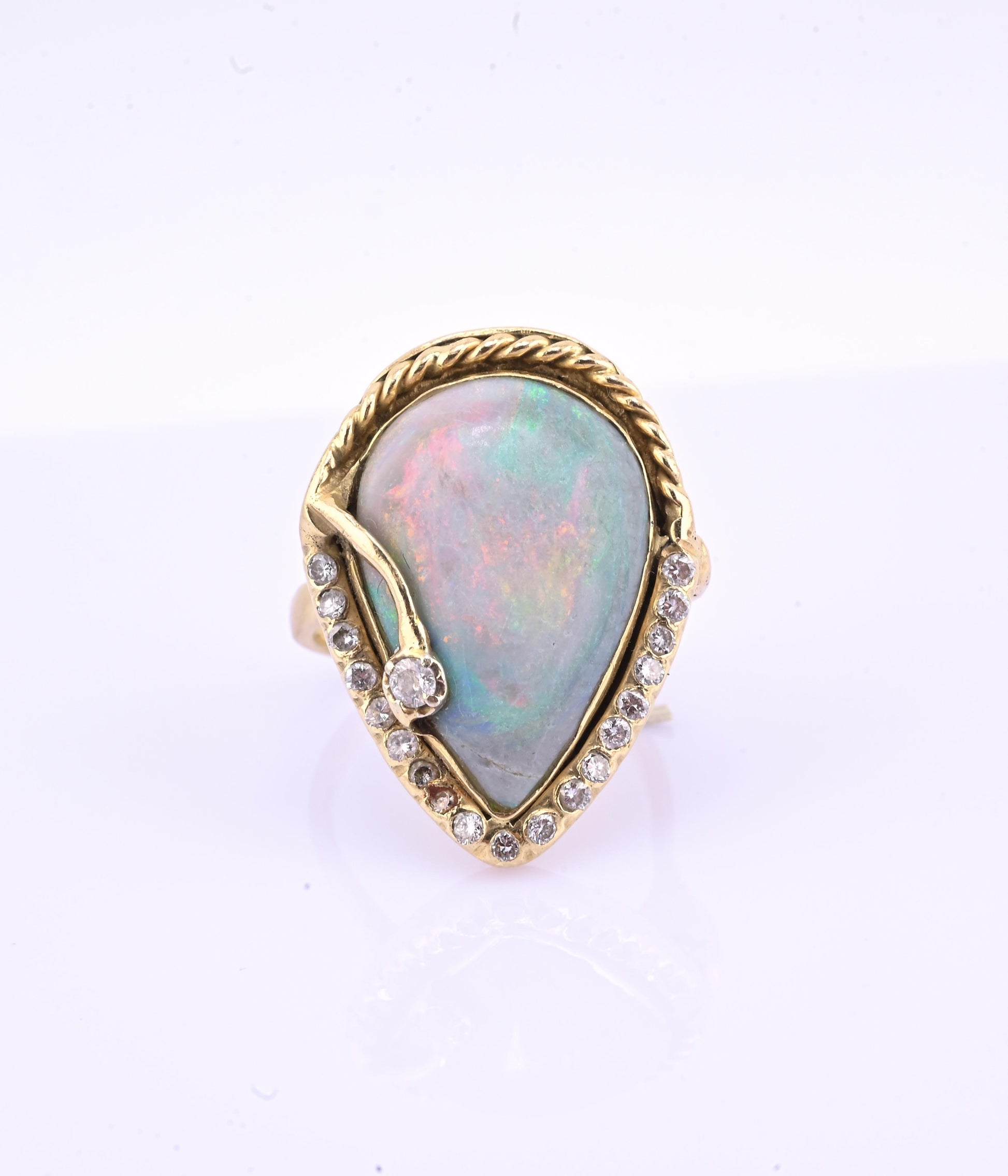 GIA Certified Natural Opal & Diamond 14k Ring – 23x15mm Light Gray Cabochon