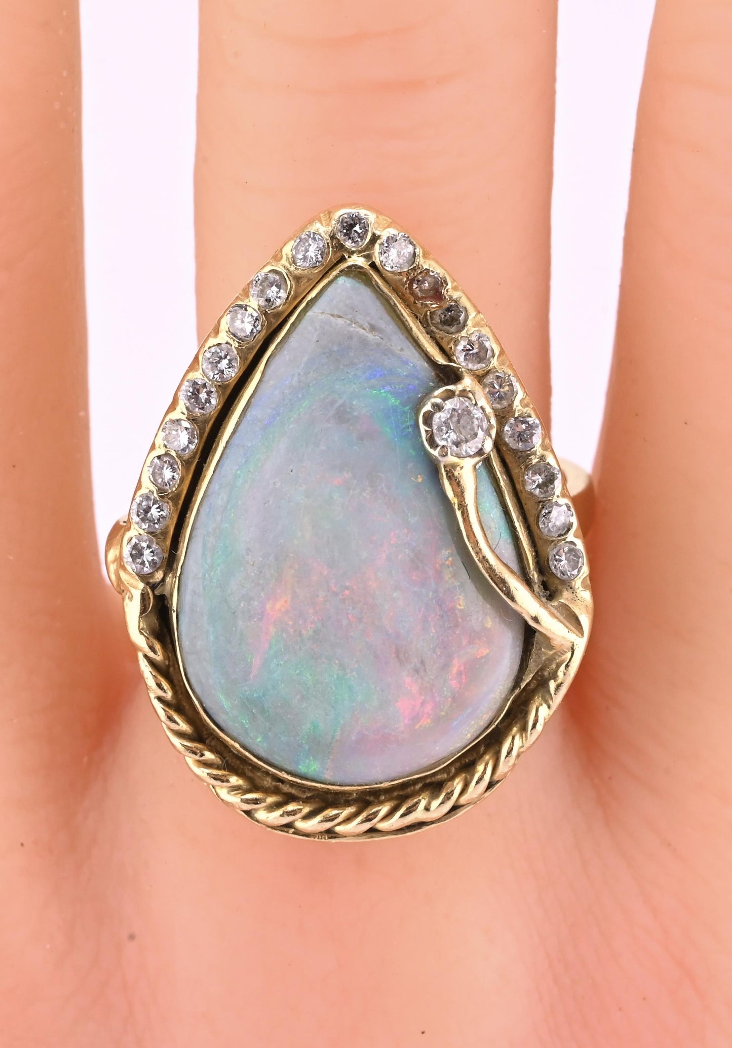 GIA Certified Natural Opal & Diamond 14k Ring – 23x15mm Light Gray Cabochon