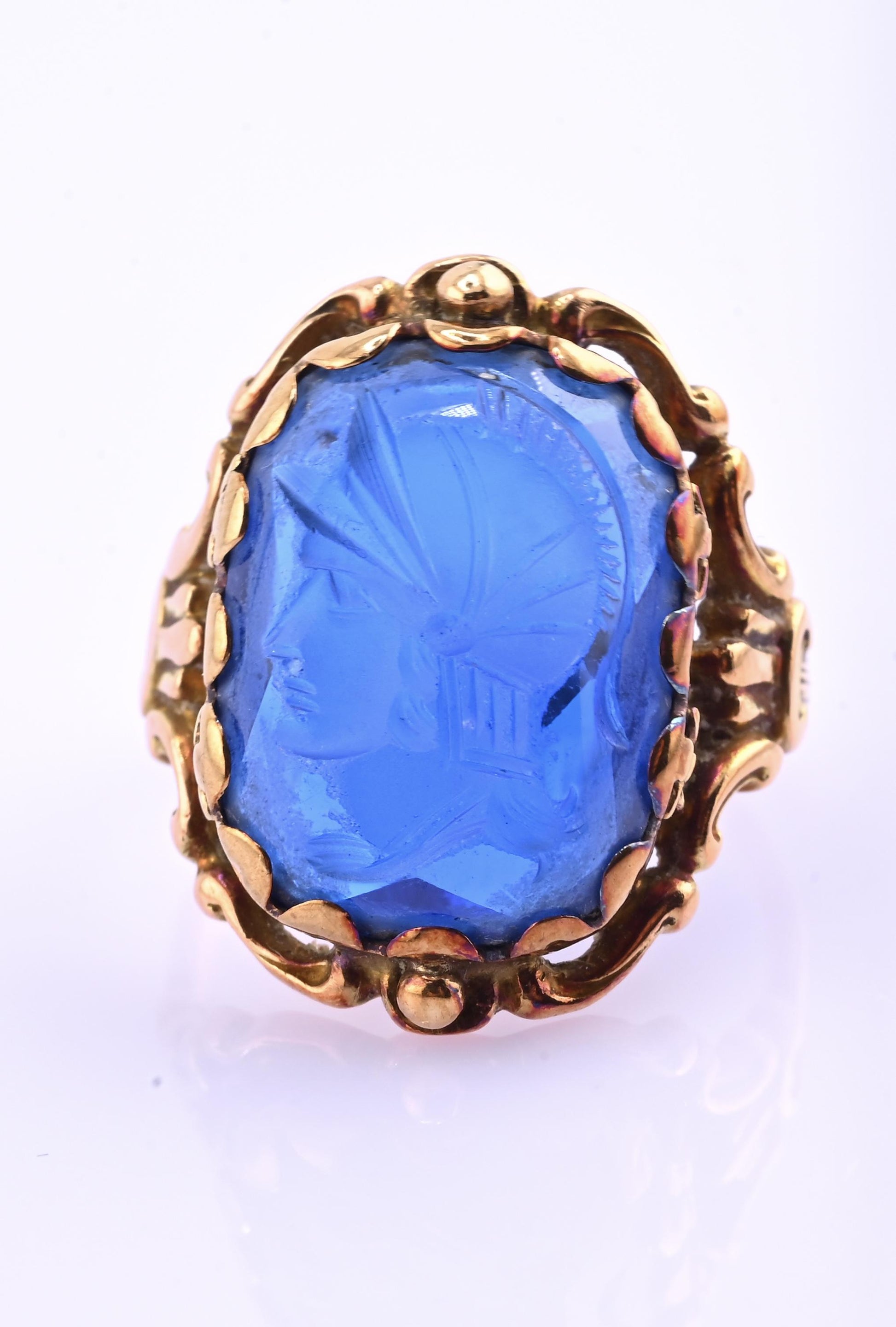 IGI Certified 10K Yellow Gold Carved Spinel Soldier Intaglio Ring Size 5