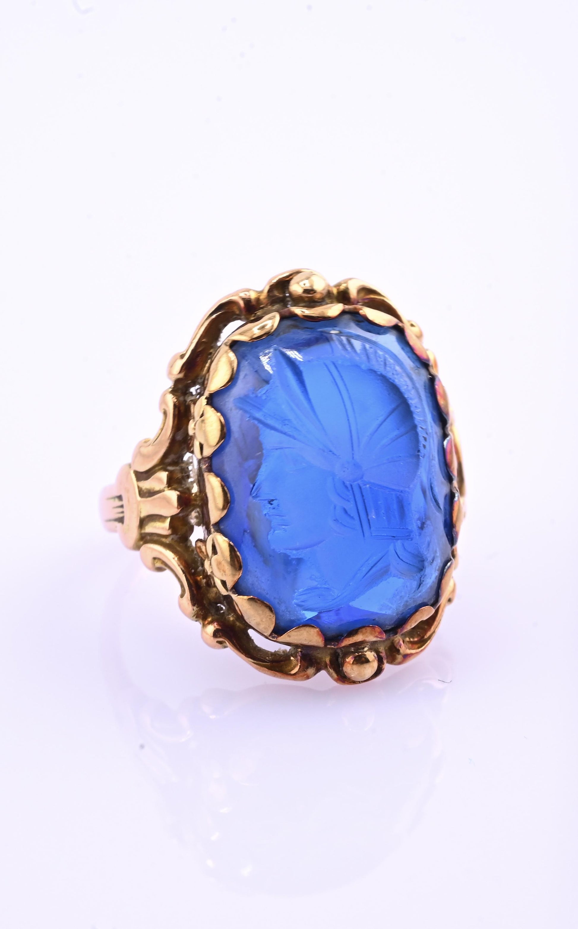 IGI Certified 10K Yellow Gold Carved Spinel Soldier Intaglio Ring Size 5