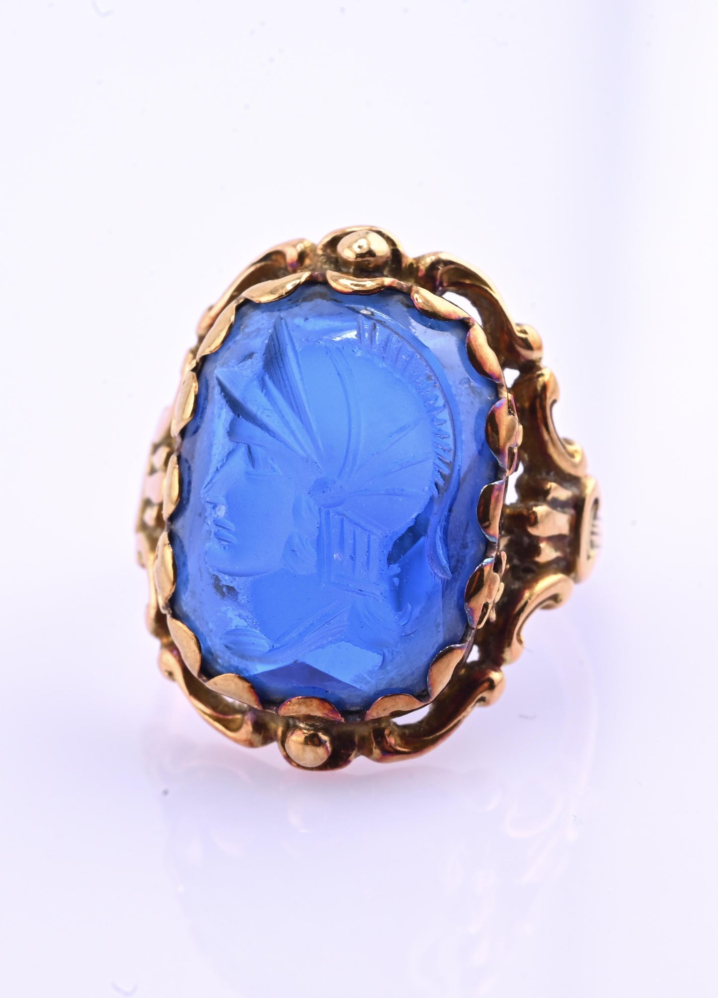 IGI Certified 10K Yellow Gold Carved Spinel Soldier Intaglio Ring Size 5