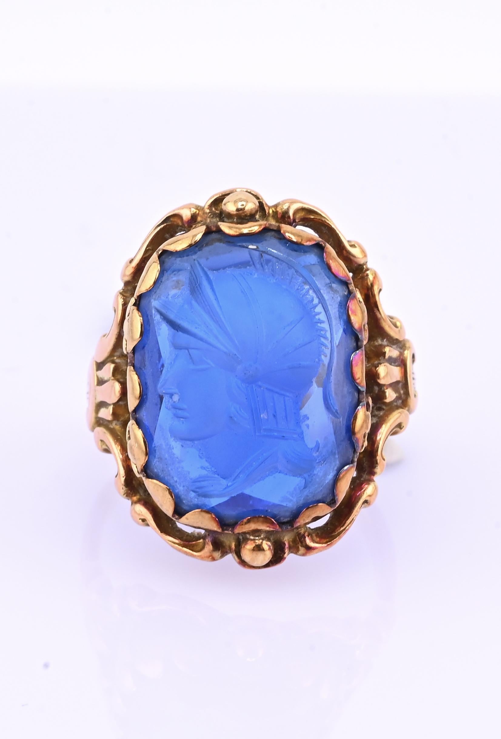 IGI Certified 10K Yellow Gold Carved Spinel Soldier Intaglio Ring Size 5