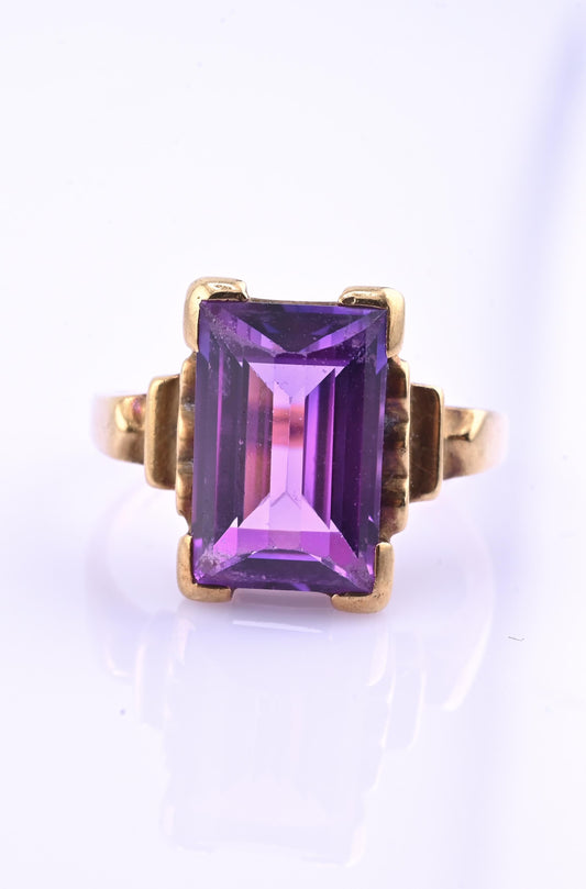 10K Yellow Gold Sapphire Ring Art Deco / Retro Era IGI Certified Size 6.75