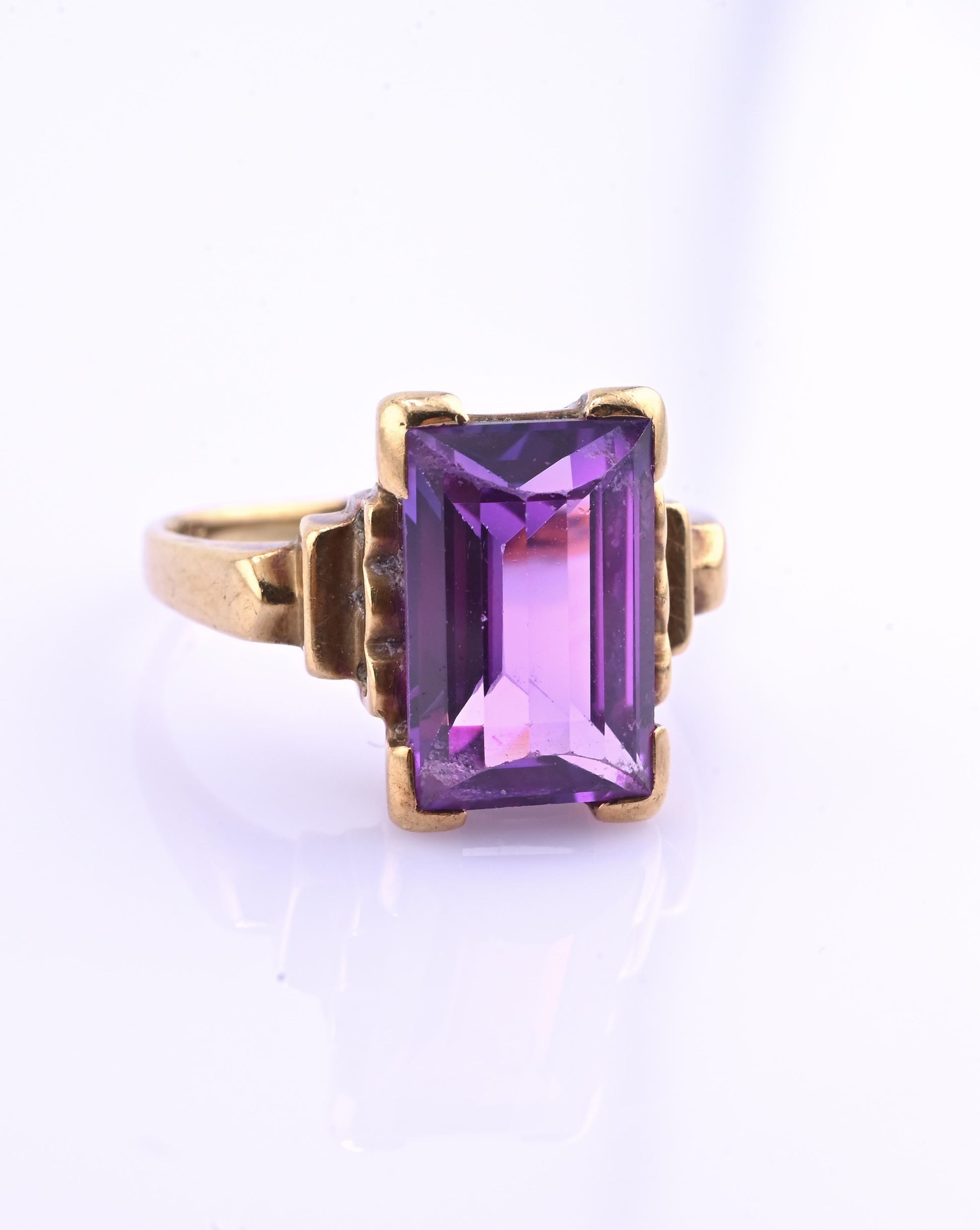 10K Yellow Gold Sapphire Ring Art Deco / Retro Era IGI Certified Size 6.75