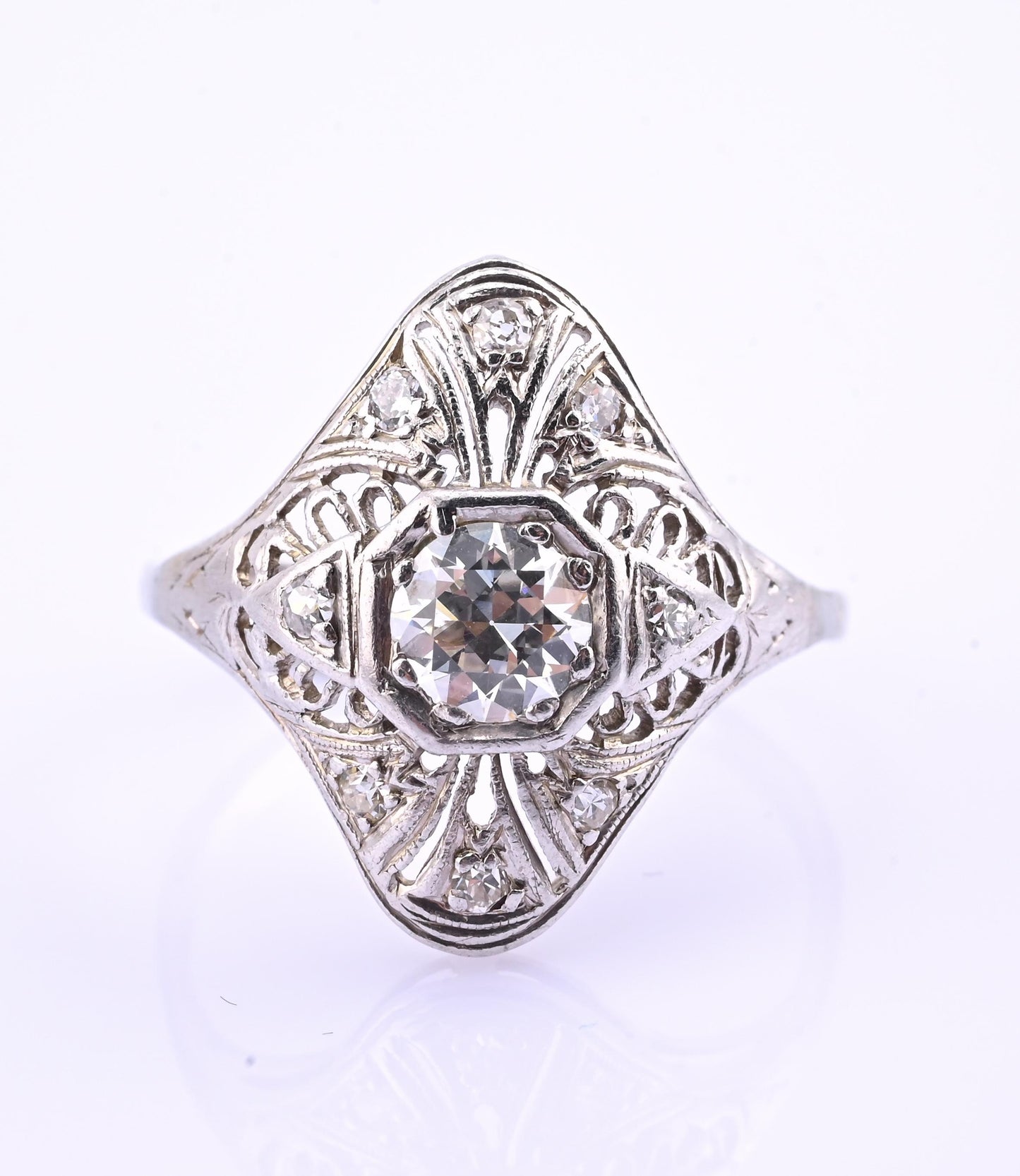 Art Deco Platinum Diamond Ring .50 Carats Center Stone Ring Size 8.75 IGI Cert.