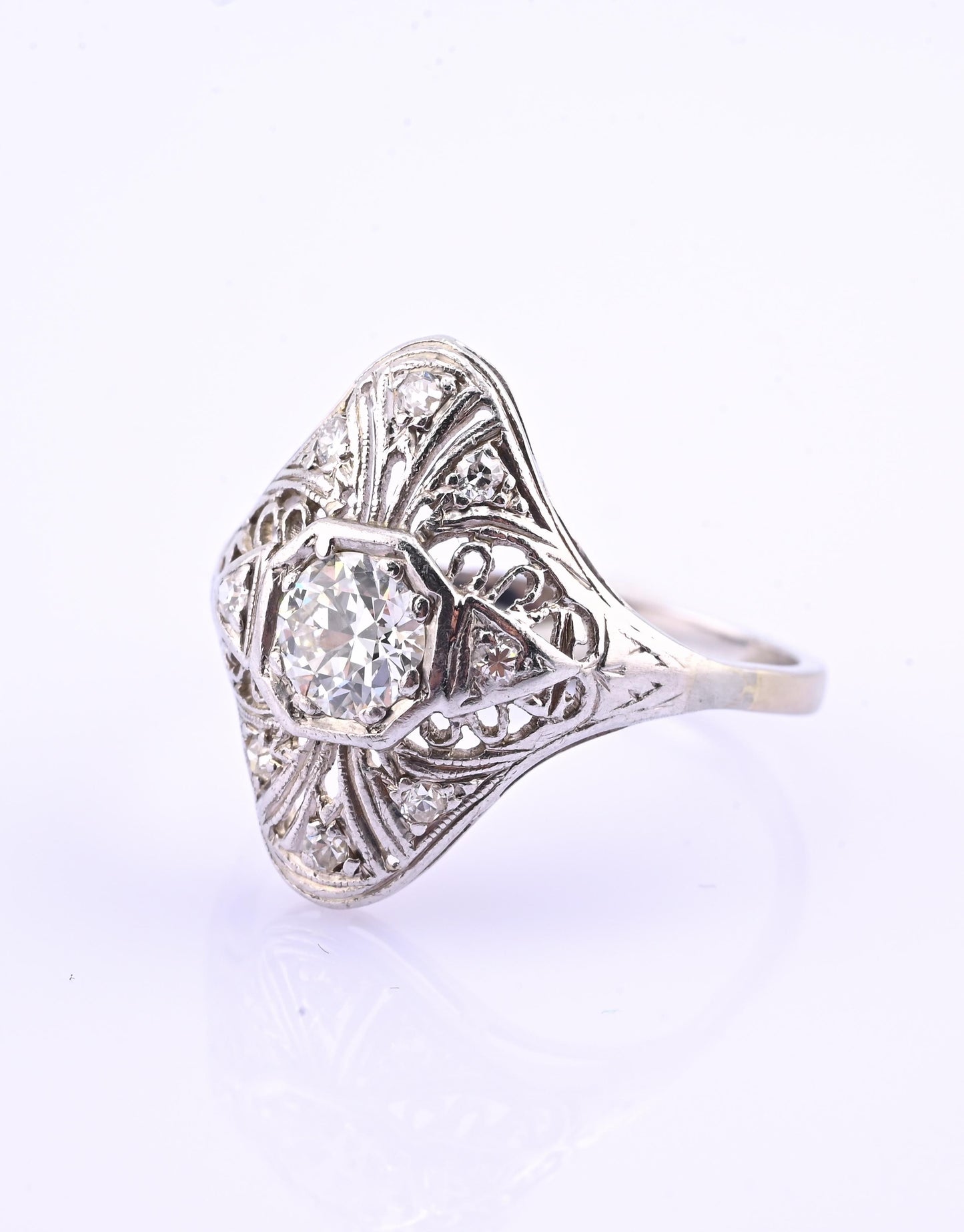 Art Deco Platinum Diamond Ring .50 Carats Center Stone Ring Size 8.75 IGI Cert.