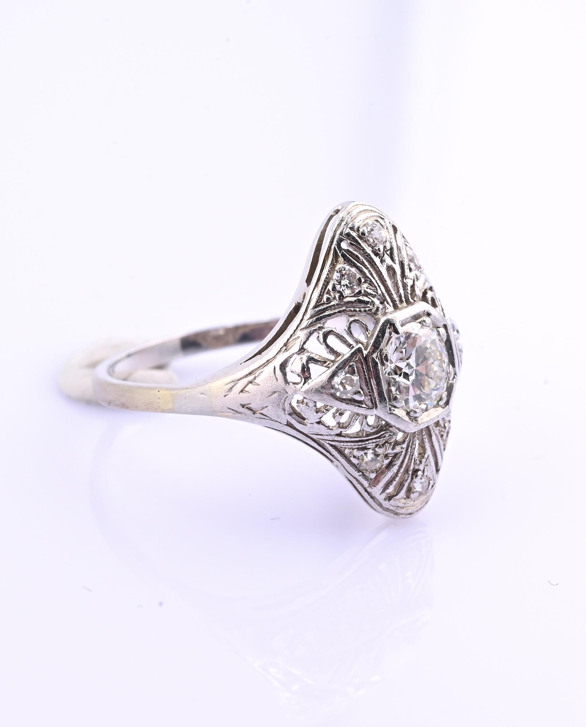 Art Deco Platinum Diamond Ring .50 Carats Center Stone Ring Size 8.75 IGI Cert.
