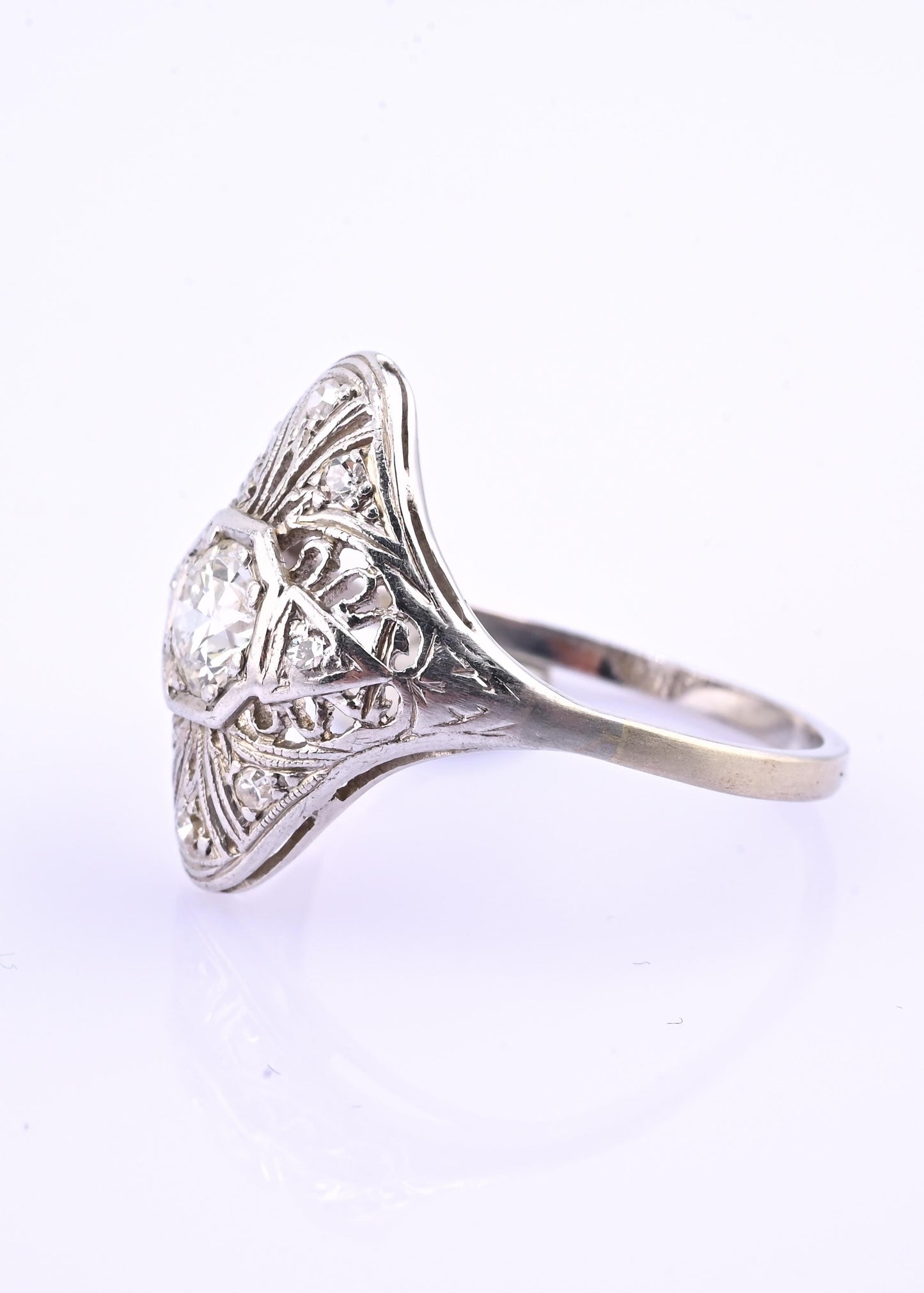 Art Deco Platinum Diamond Ring .50 Carats Center Stone Ring Size 8.75 IGI Cert.