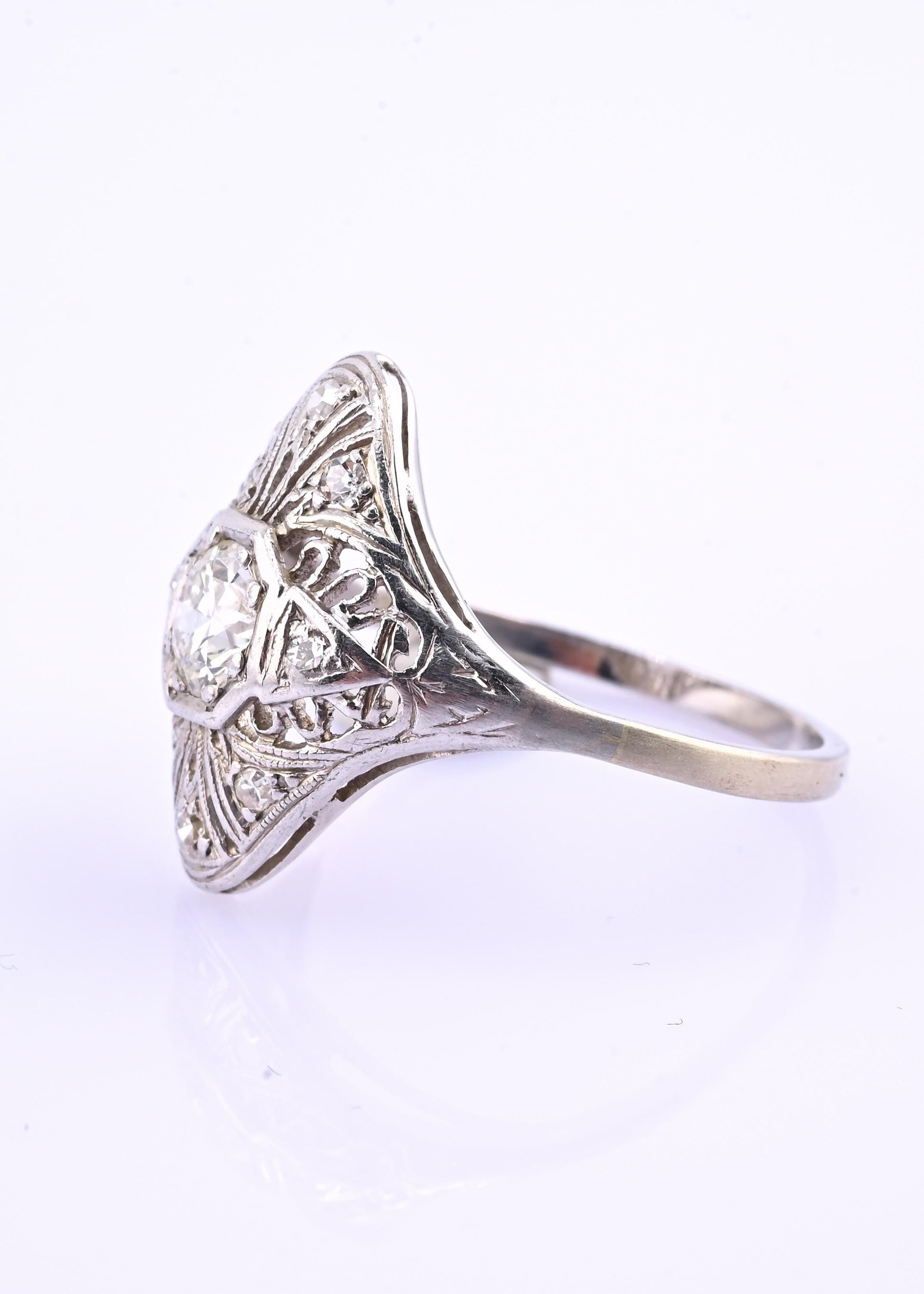 Art Deco Platinum Diamond Ring .50 Carats Center Stone Ring Size 8.75 IGI Cert.