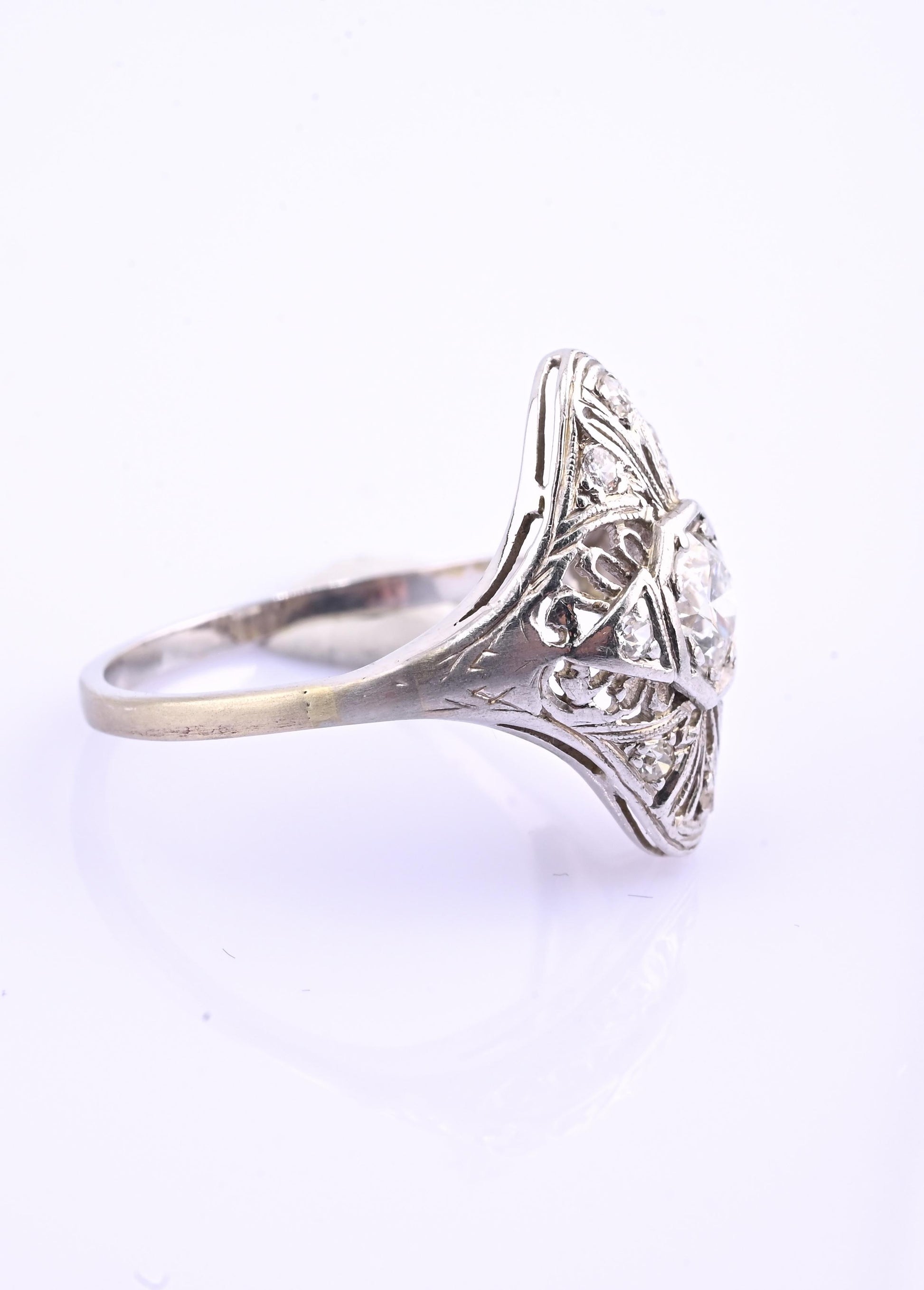 Art Deco Platinum Diamond Ring .50 Carats Center Stone Ring Size 8.75 IGI Cert.