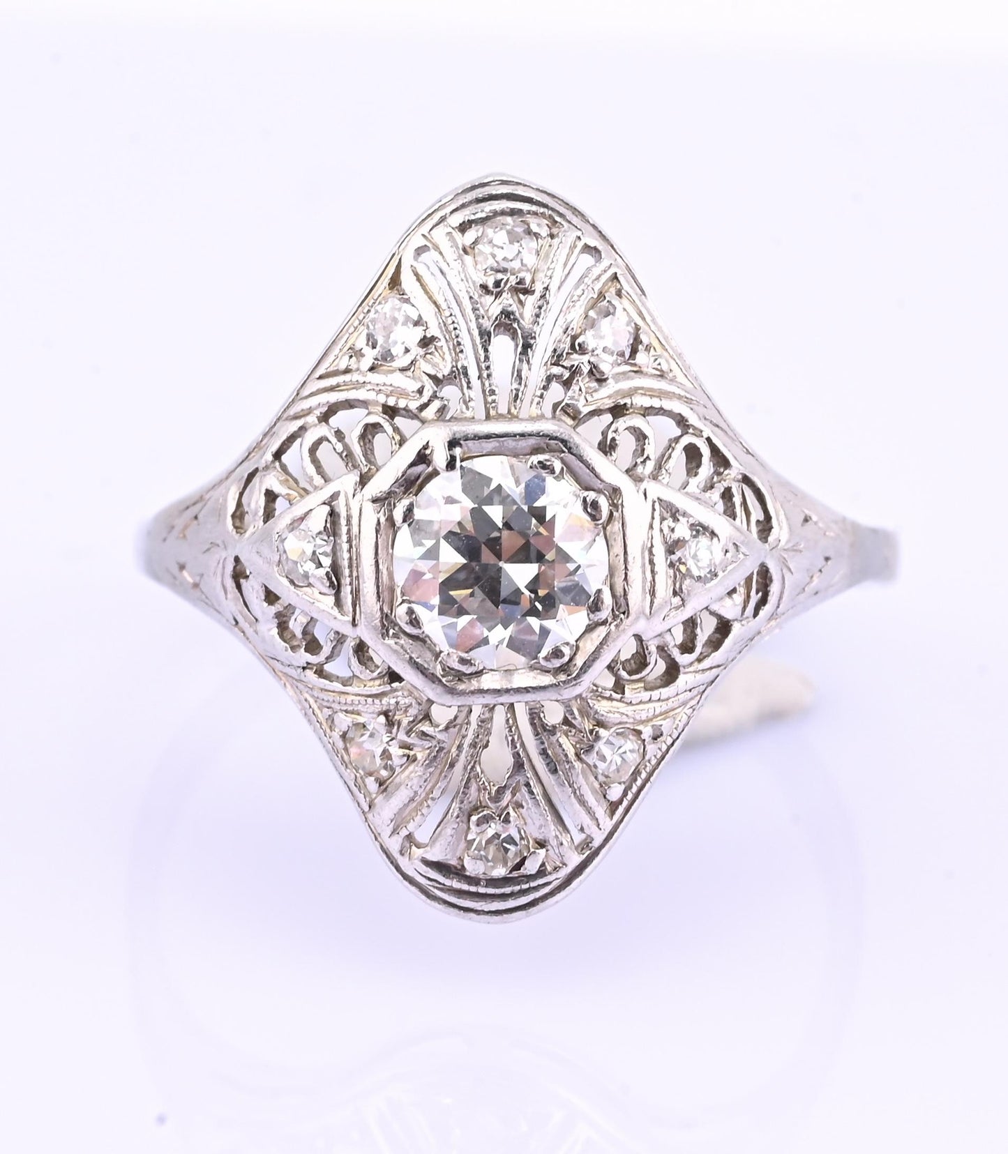 Art Deco Platinum Diamond Ring .50 Carats Center Stone Ring Size 8.75 IGI Cert.