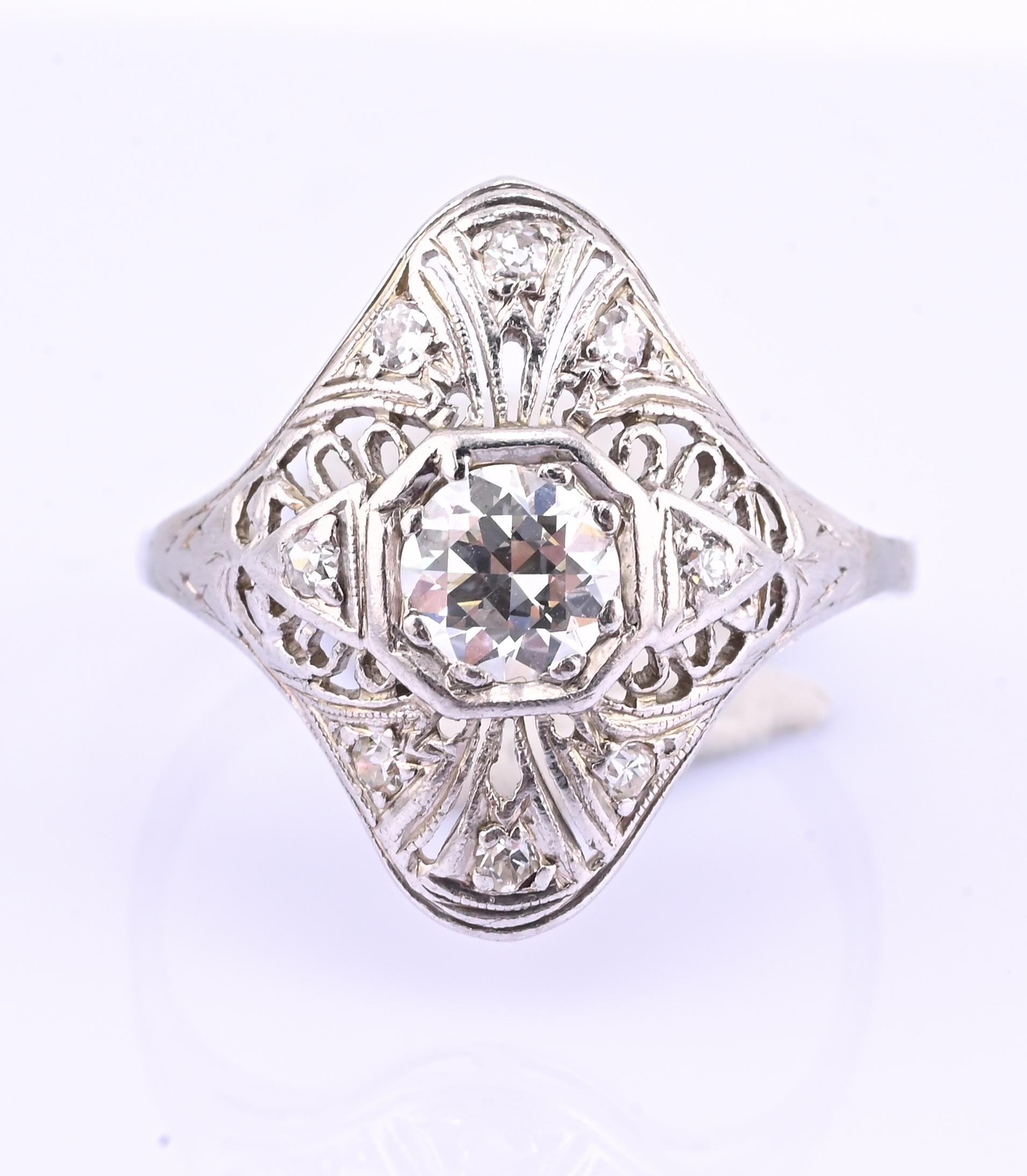 Art Deco Platinum Diamond Ring .50 Carats Center Stone Ring Size 8.75 IGI Cert.