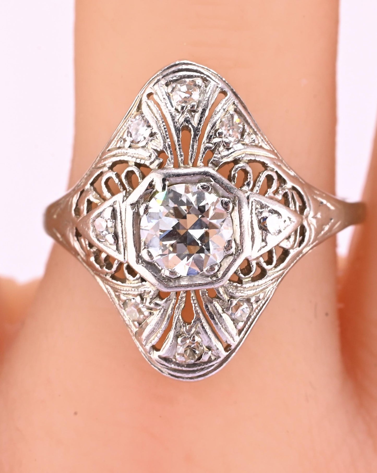 Art Deco Platinum Diamond Ring .50 Carats Center Stone Ring Size 8.75 IGI Cert.