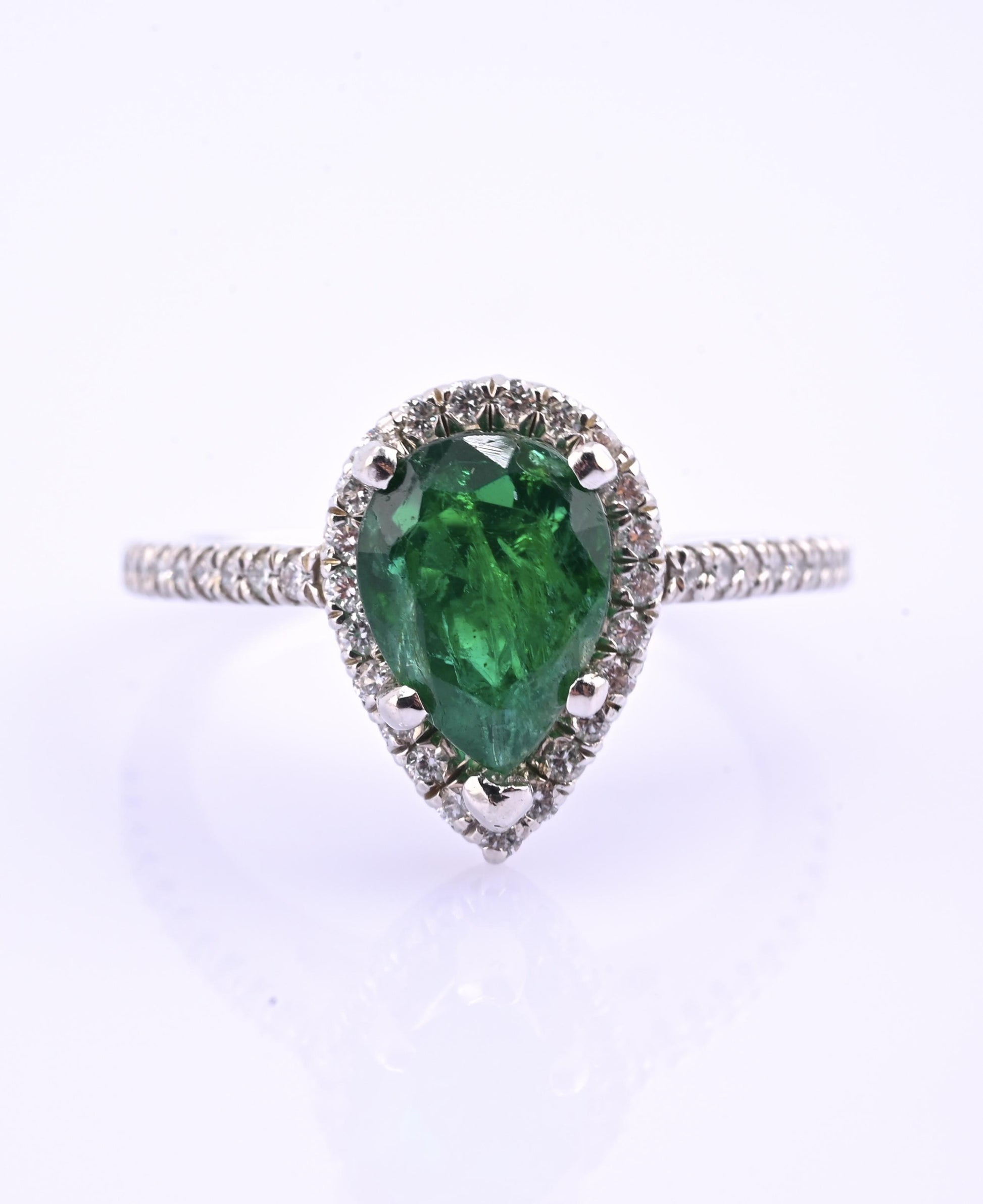 Platinum Pear Cut Emerald & Diamond Halo Ring 1.35ct Ring Size 6.5 IGI Certified