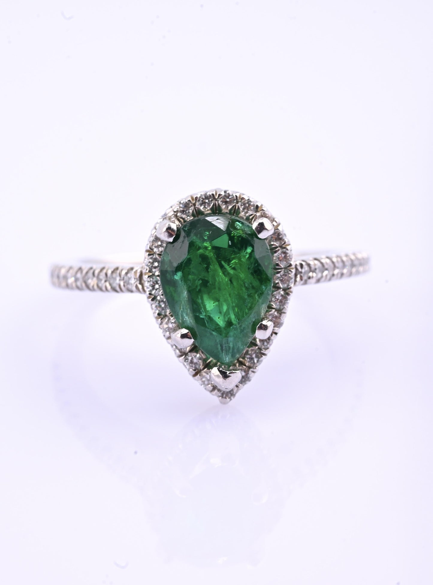 Platinum Pear Cut Emerald & Diamond Halo Ring 1.35ct Ring Size 6.5 IGI Certified