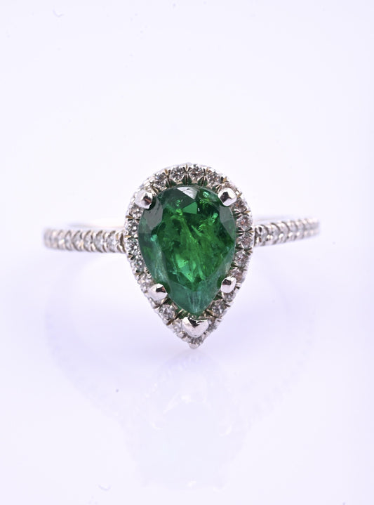 Platinum Pear Cut Emerald & Diamond Halo Ring 1.35ct Ring Size 6.5 IGI Certified