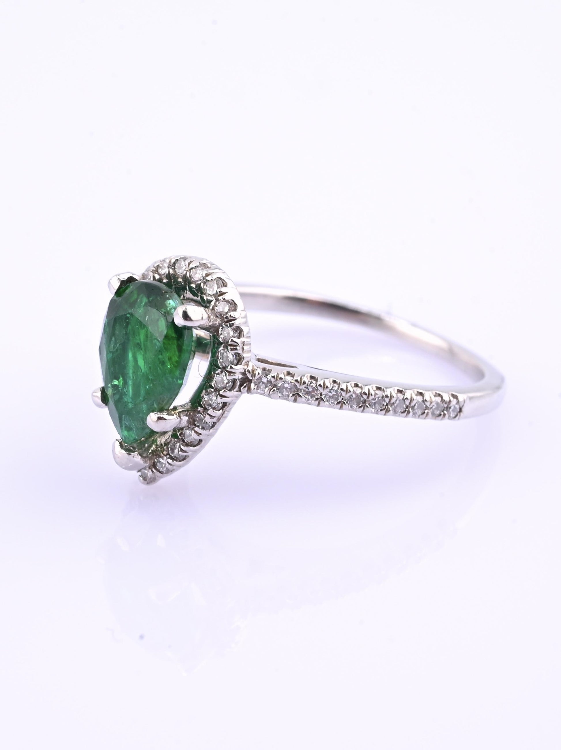 Platinum Pear Cut Emerald & Diamond Halo Ring 1.35ct Ring Size 6.5 IGI Certified