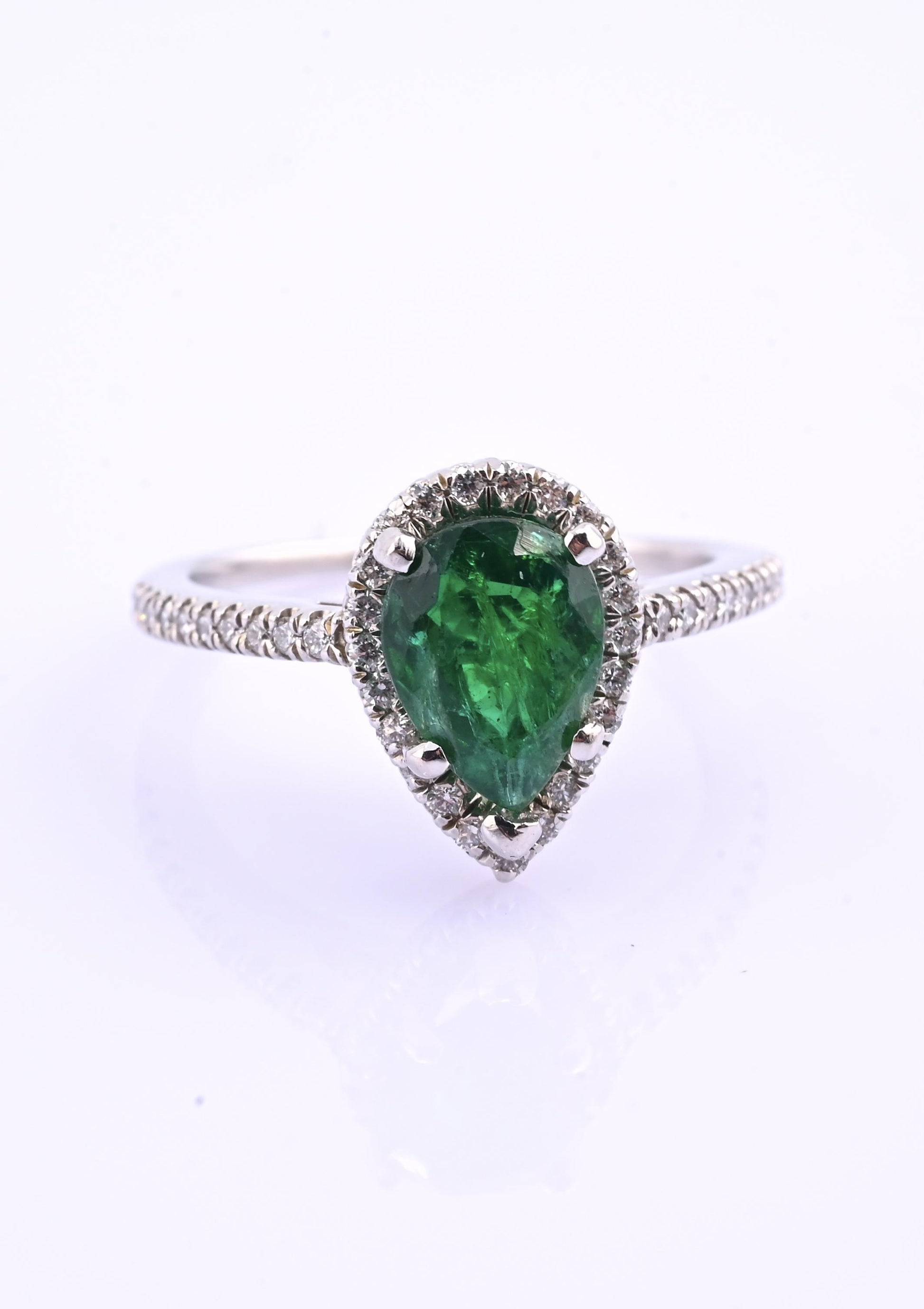 Platinum Pear Cut Emerald & Diamond Halo Ring 1.35ct Ring Size 6.5 IGI Certified