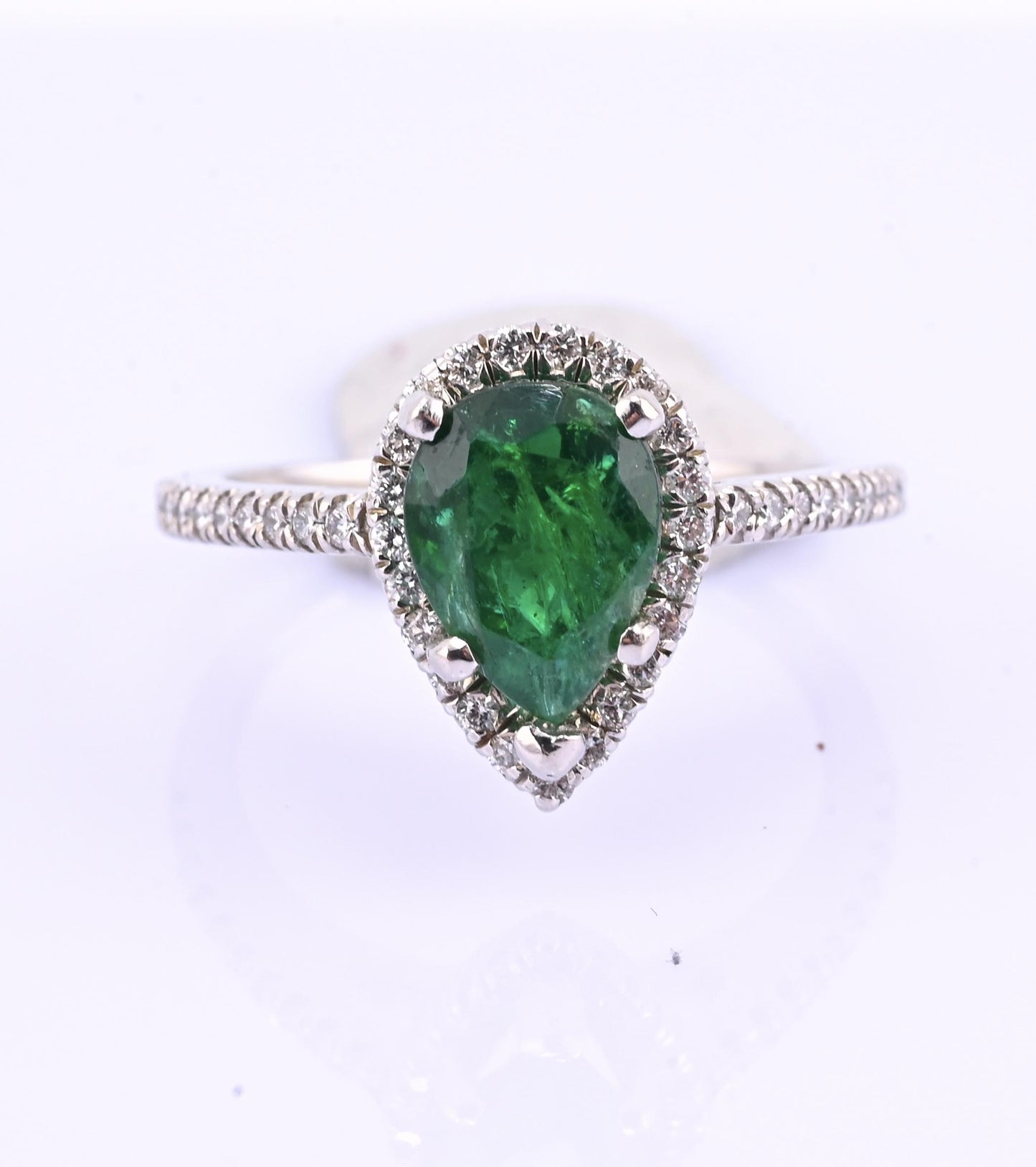 Platinum Pear Cut Emerald & Diamond Halo Ring 1.35ct Ring Size 6.5 IGI Certified