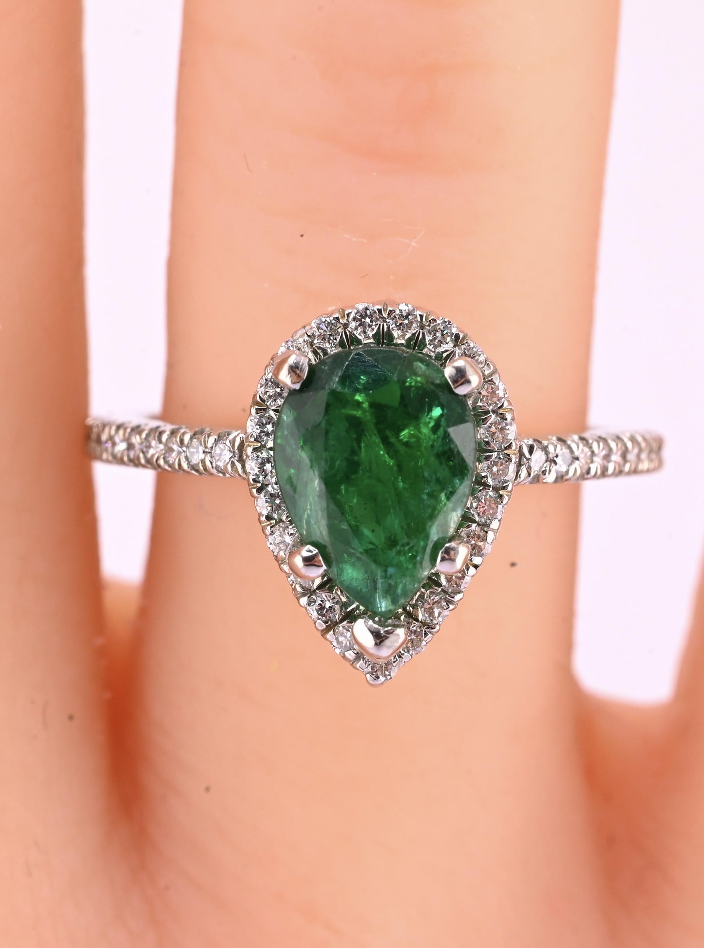 Platinum Pear Cut Emerald & Diamond Halo Ring 1.35ct Ring Size 6.5 IGI Certified