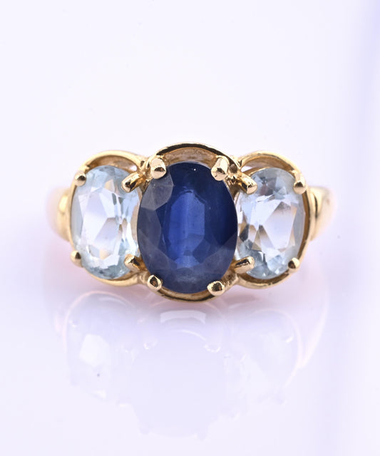 14K Yellow Gold IGI Certified Natural Sapphire & Aquamarine Ring Size 5.75