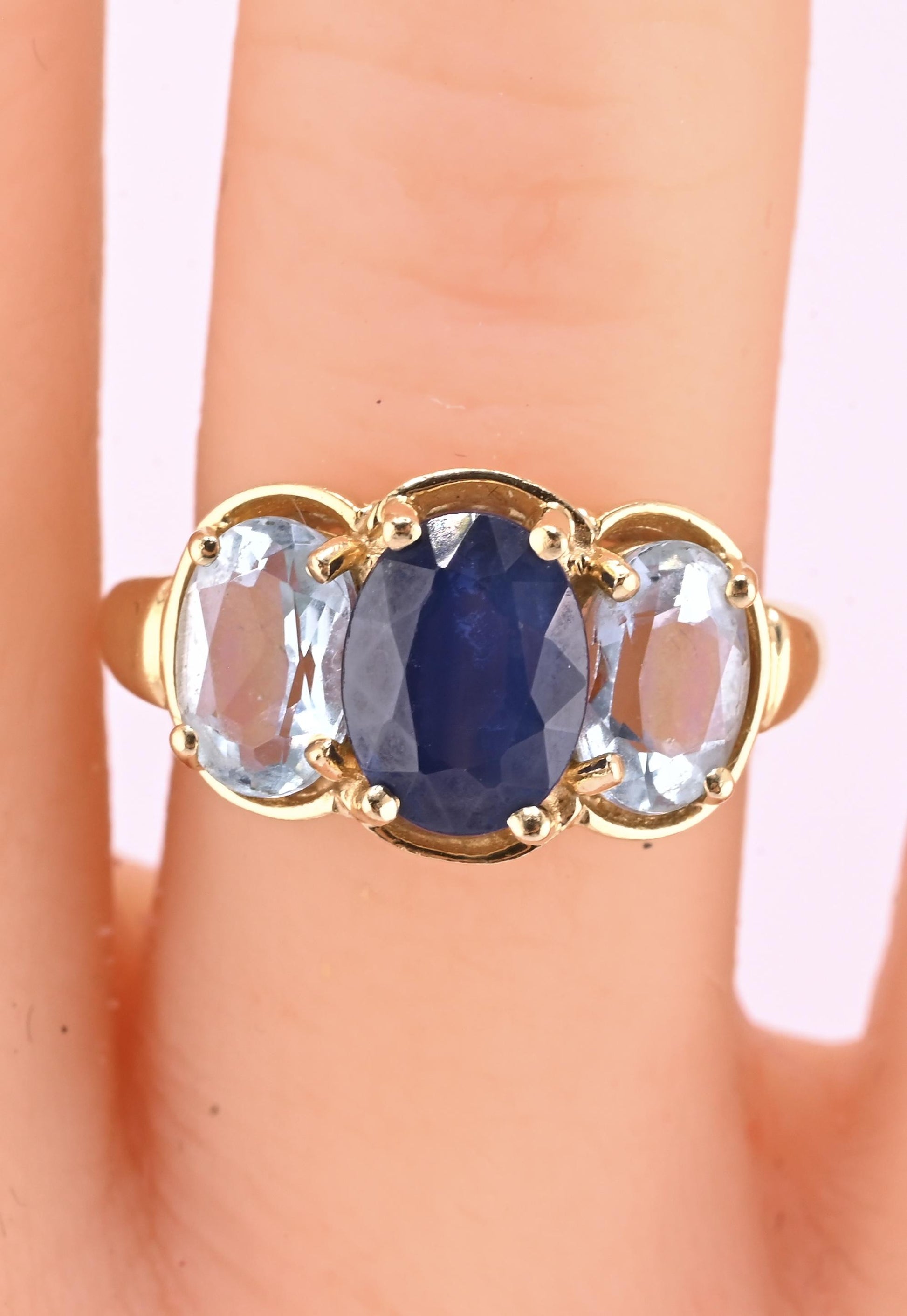 14K Yellow Gold IGI Certified Natural Sapphire & Aquamarine Ring Size 5.75