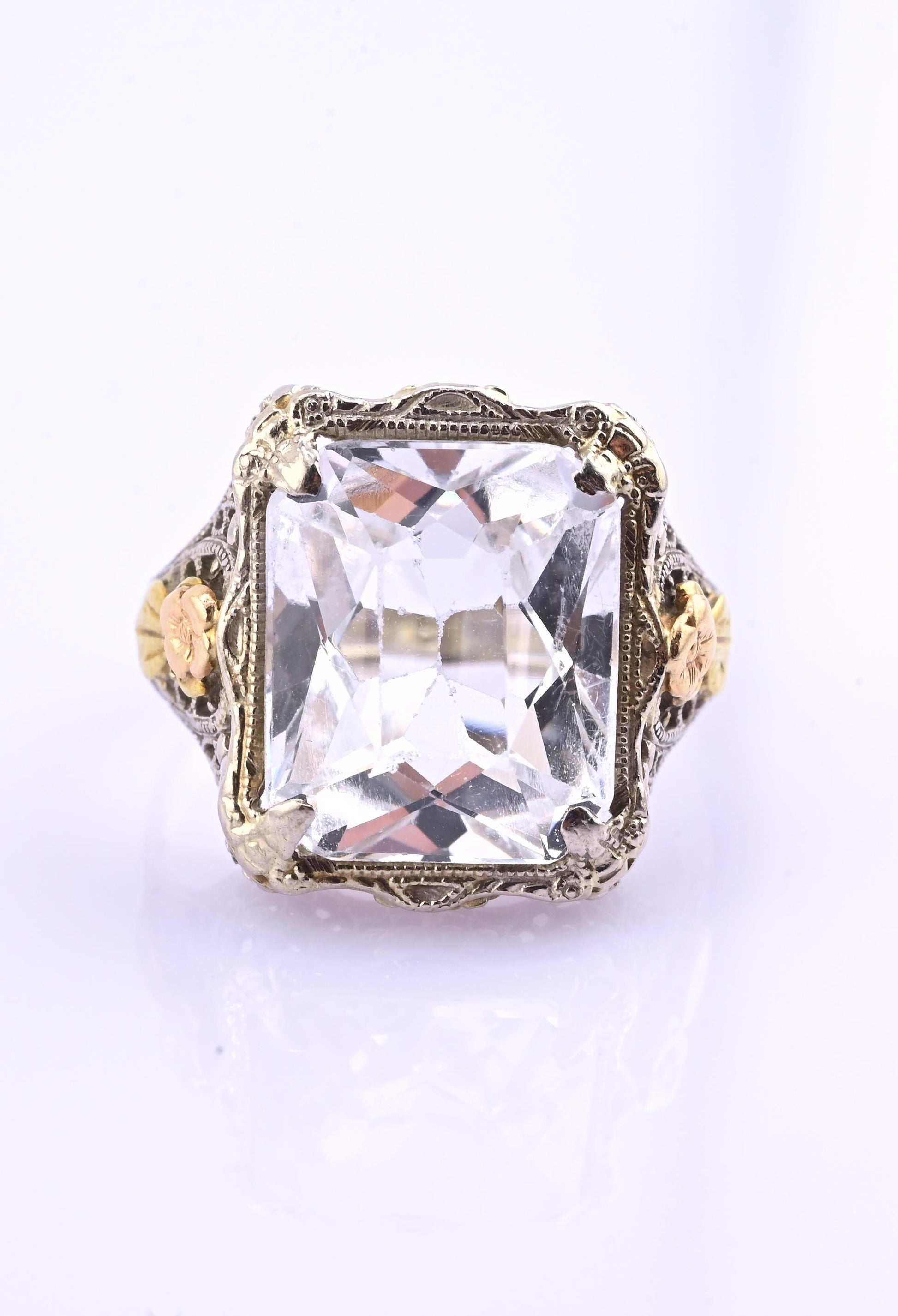 14K White & Yellow Gold Art Deco Ring IGI Certified Lab Grown Spinel Ring Size 4
