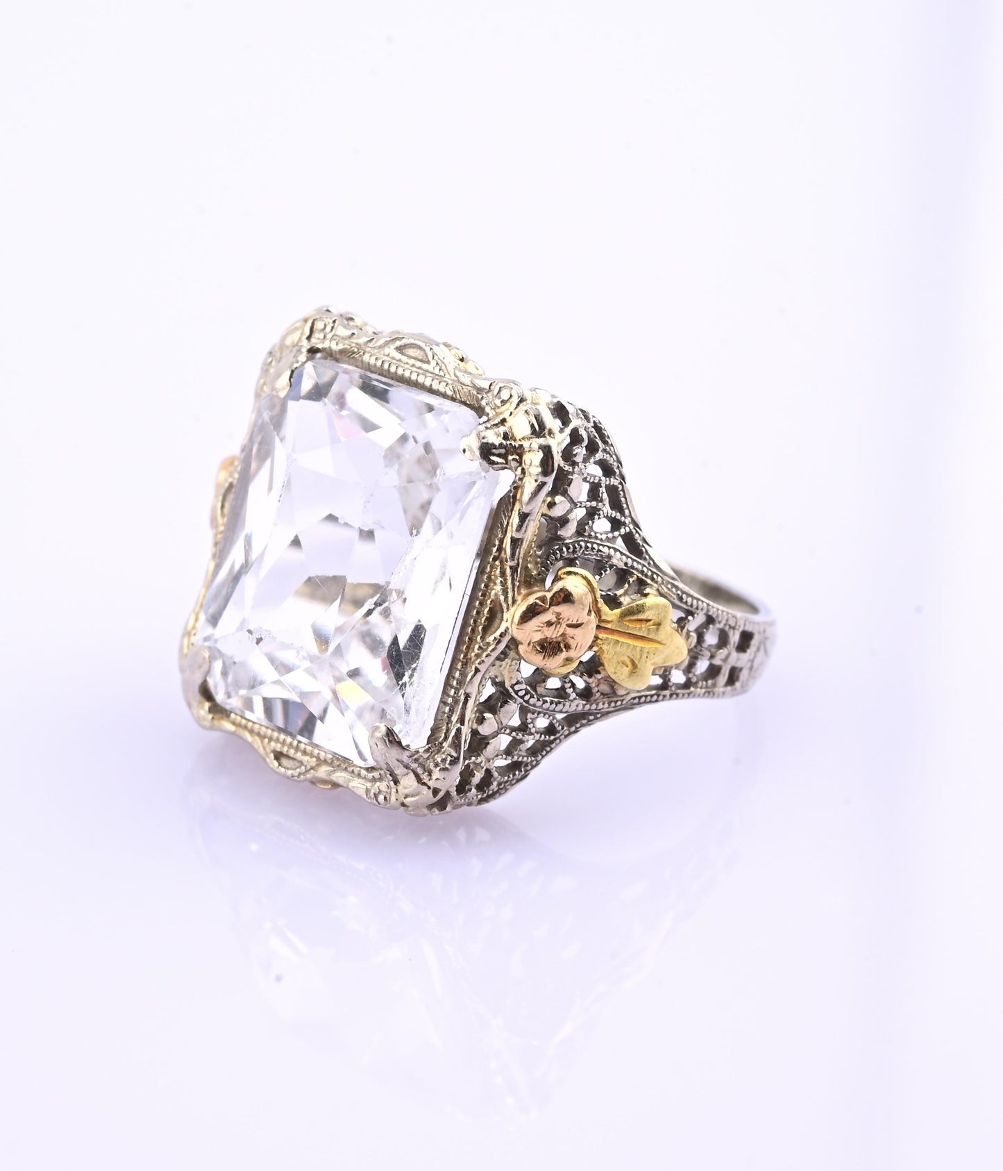 14K White & Yellow Gold Art Deco Ring IGI Certified Lab Grown Spinel Ring Size 4