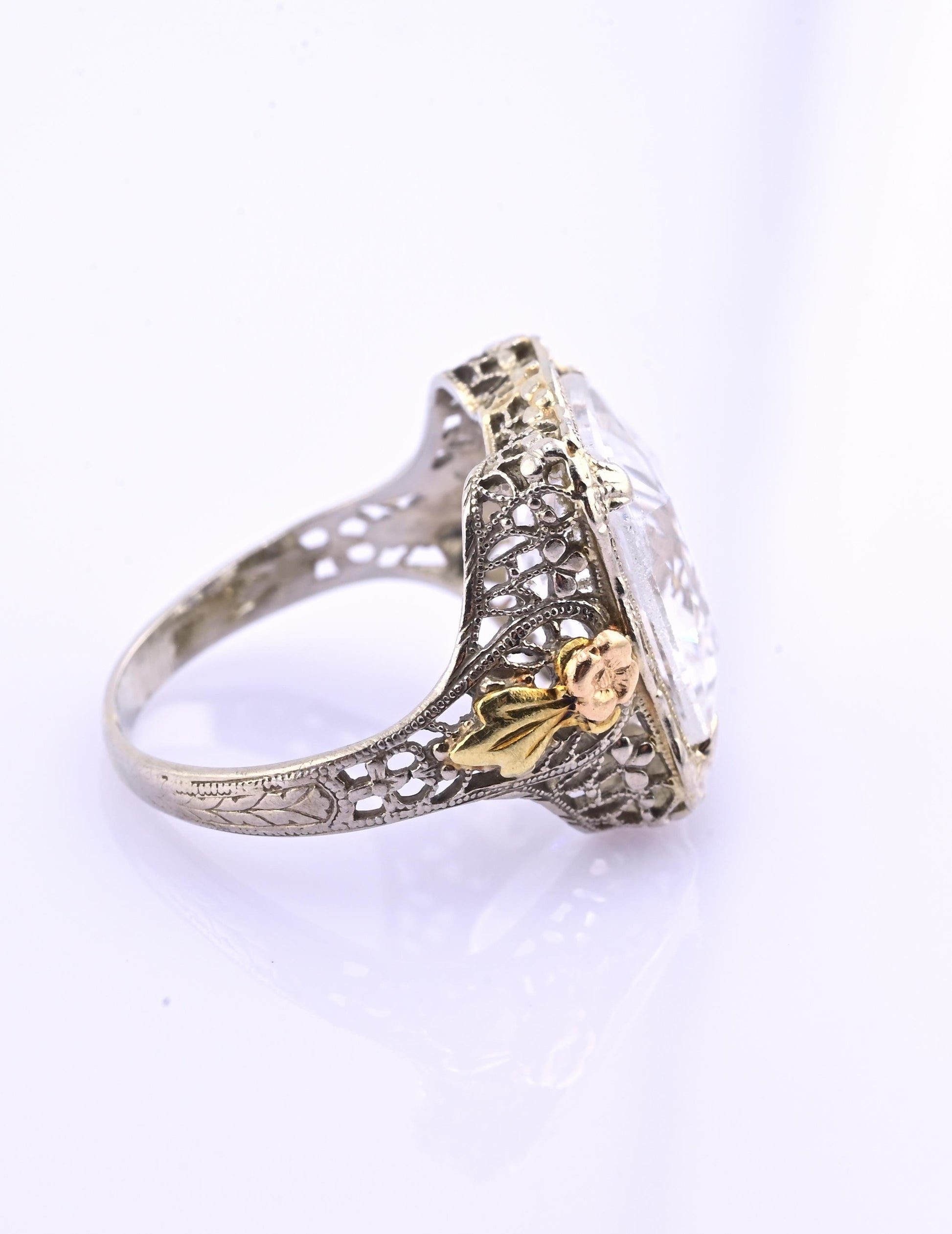 14K White & Yellow Gold Art Deco Ring IGI Certified Lab Grown Spinel Ring Size 4