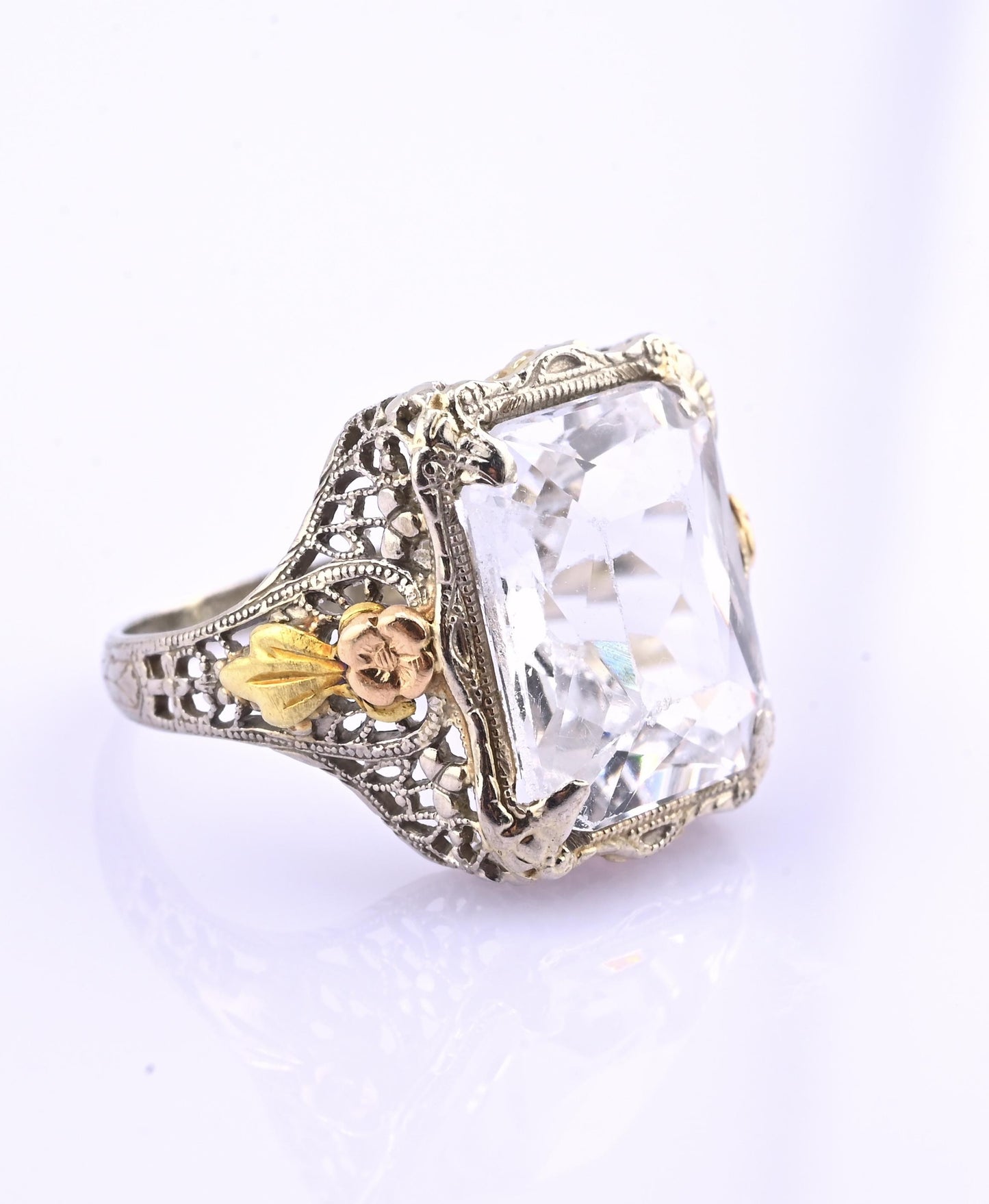 14K White & Yellow Gold Art Deco Ring IGI Certified Lab Grown Spinel Ring Size 4