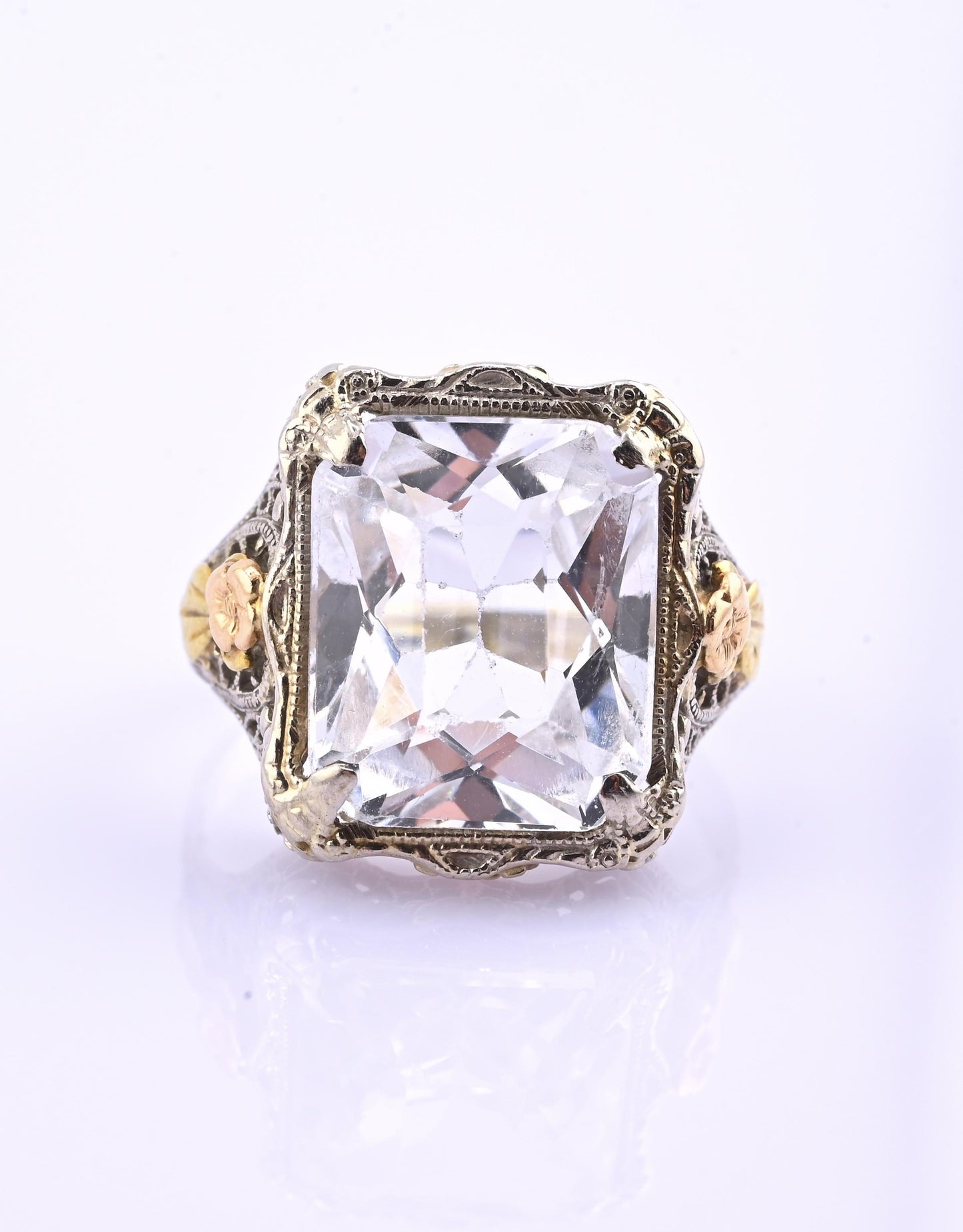 14K White & Yellow Gold Art Deco Ring IGI Certified Lab Grown Spinel Ring Size 4