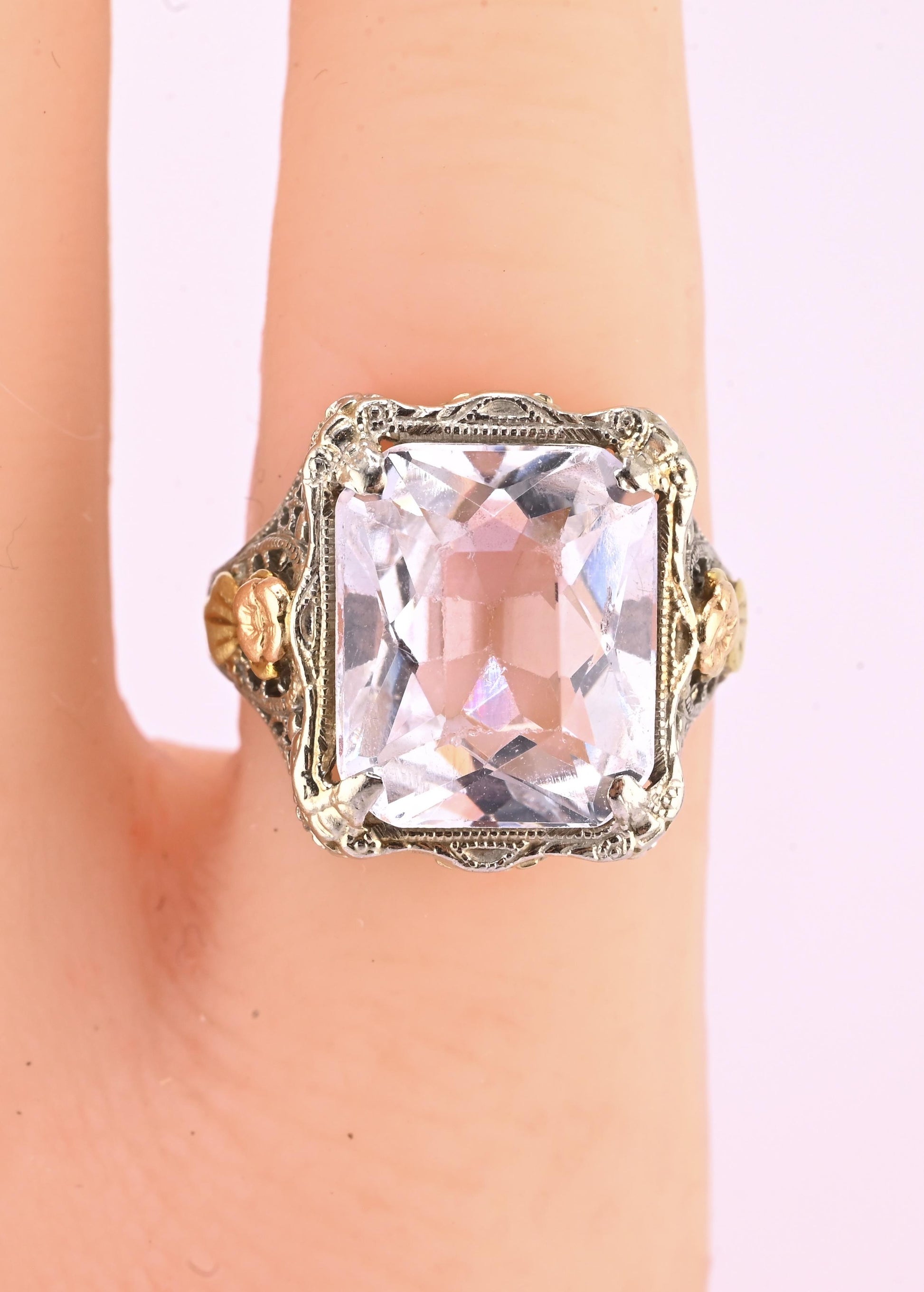 14K White & Yellow Gold Art Deco Ring IGI Certified Lab Grown Spinel Ring Size 4