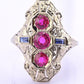 18K White Gold Ruby & Sapphire Ring Art Deco Period IGI Certified Ring Size 9.25
