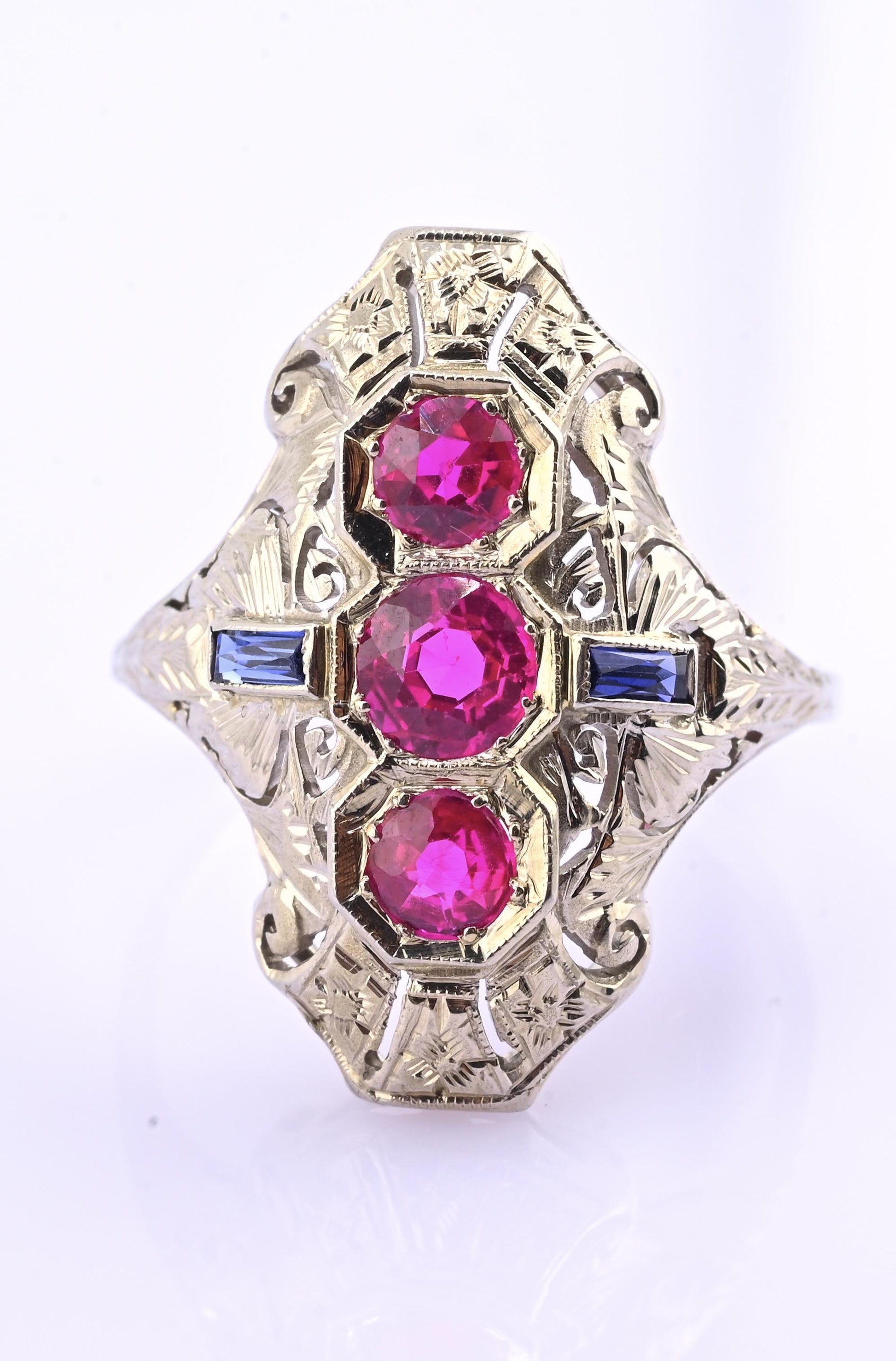 18K White Gold Ruby & Sapphire Ring Art Deco Period IGI Certified Ring Size 9.25