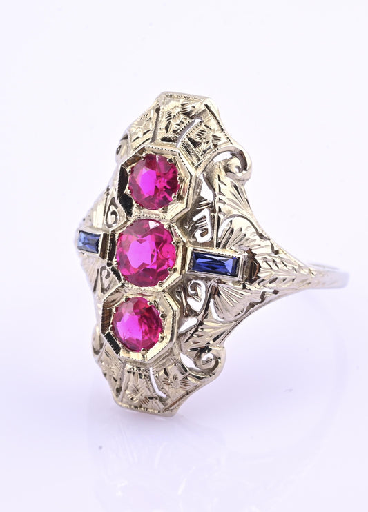 18K White Gold Ruby & Sapphire Ring Art Deco Period IGI Certified Ring Size 9.25