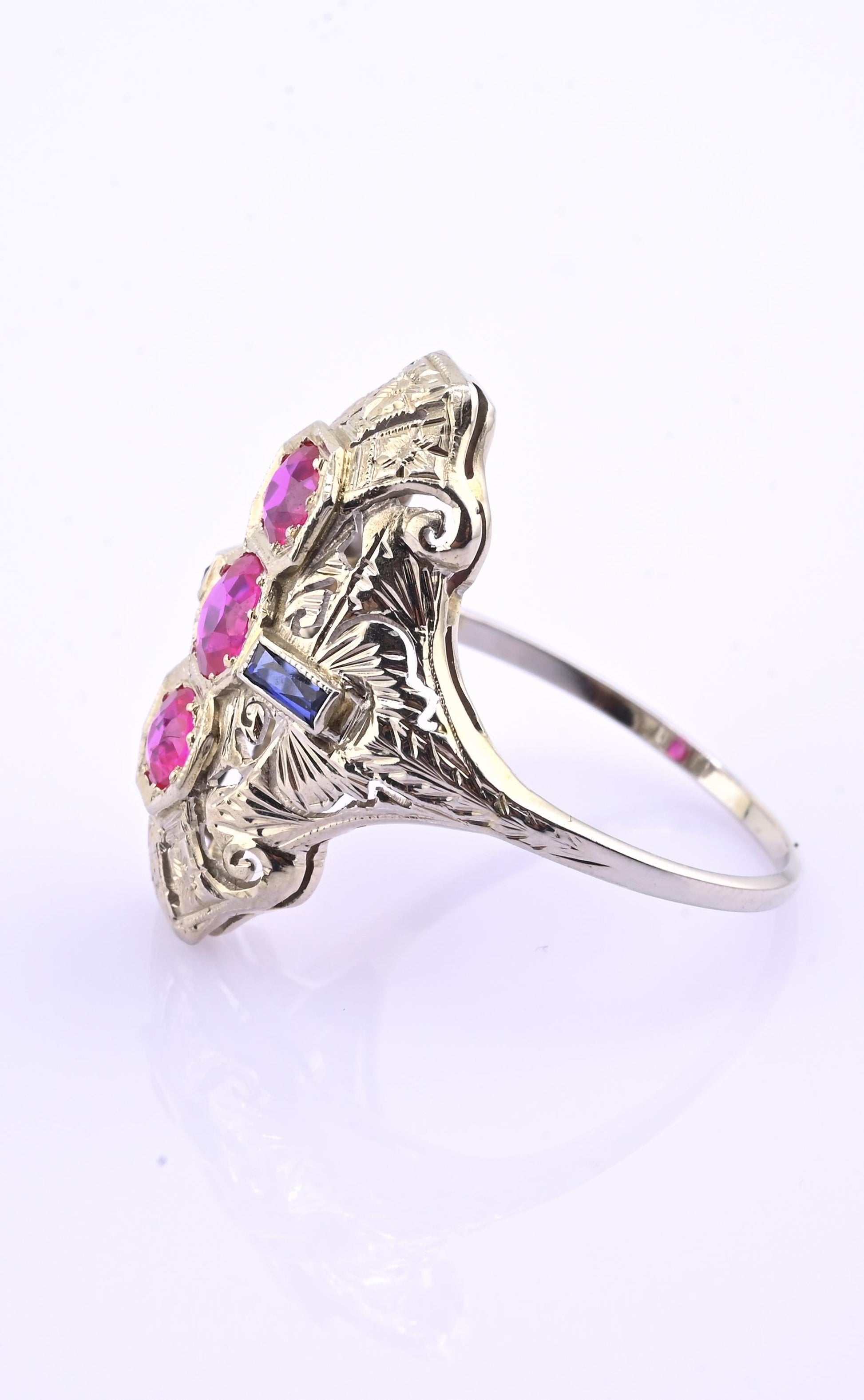 18K White Gold Ruby & Sapphire Ring Art Deco Period IGI Certified Ring Size 9.25