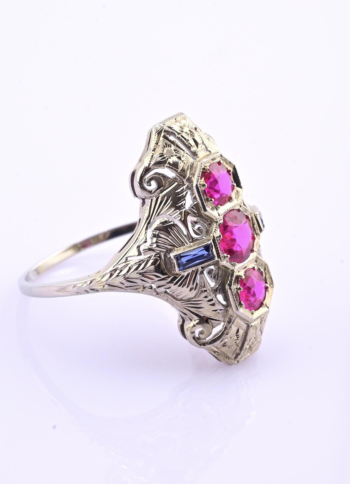 18K White Gold Ruby & Sapphire Ring Art Deco Period IGI Certified Ring Size 9.25