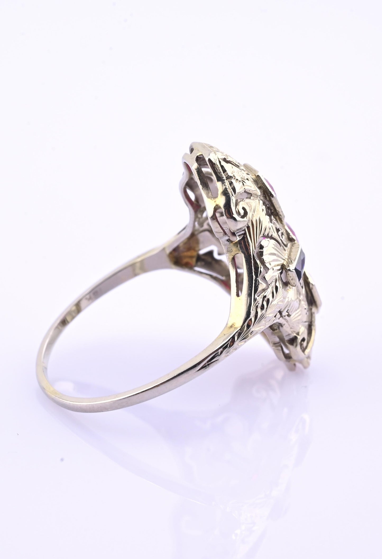 18K White Gold Ruby & Sapphire Ring Art Deco Period IGI Certified Ring Size 9.25