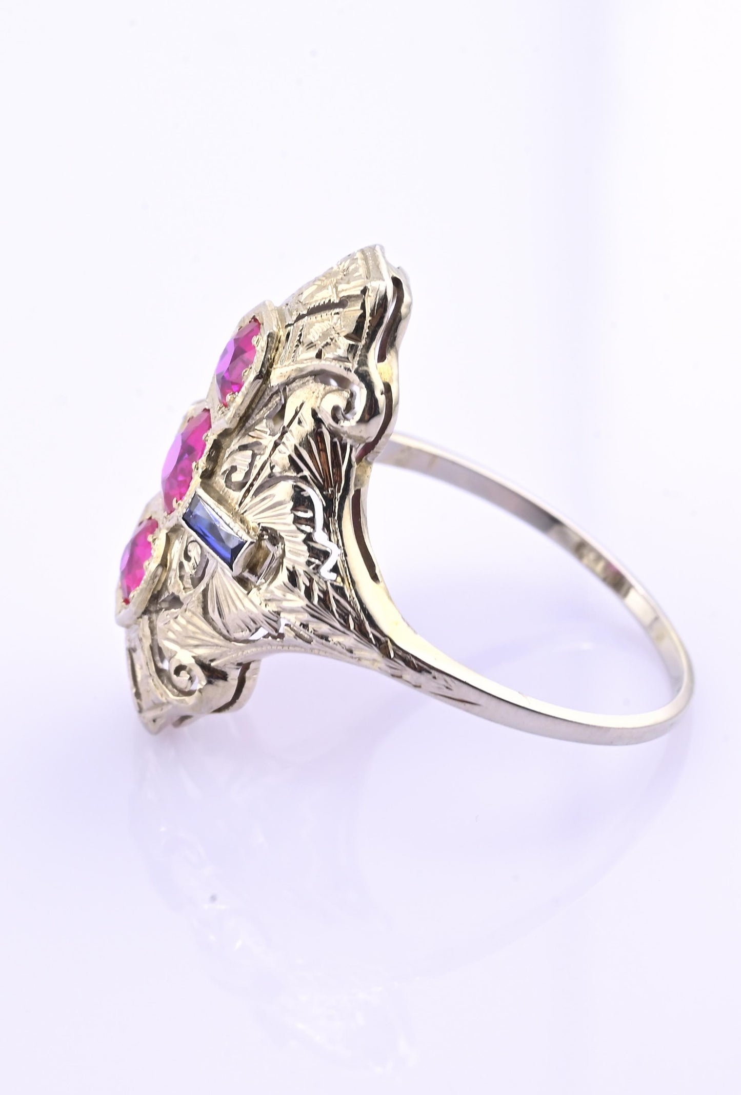 18K White Gold Ruby & Sapphire Ring Art Deco Period IGI Certified Ring Size 9.25