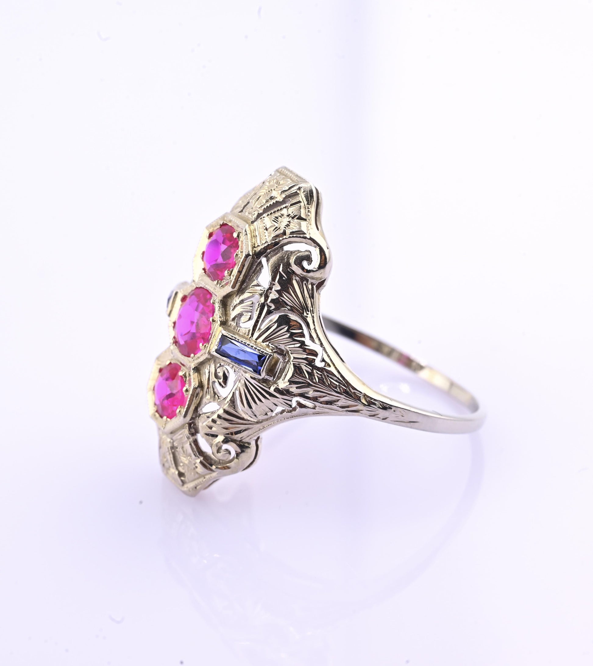 18K White Gold Ruby & Sapphire Ring Art Deco Period IGI Certified Ring Size 9.25