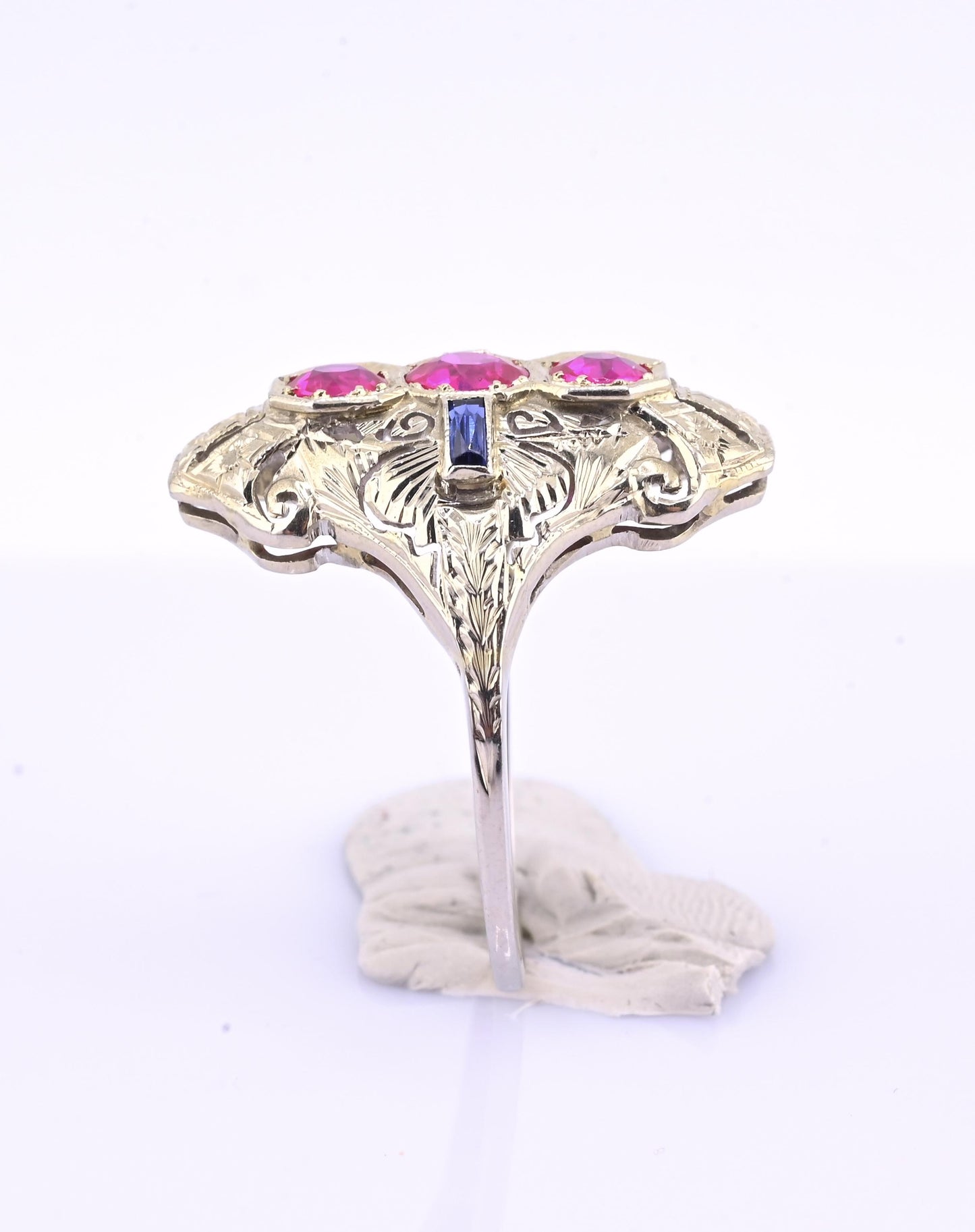 18K White Gold Ruby & Sapphire Ring Art Deco Period IGI Certified Ring Size 9.25